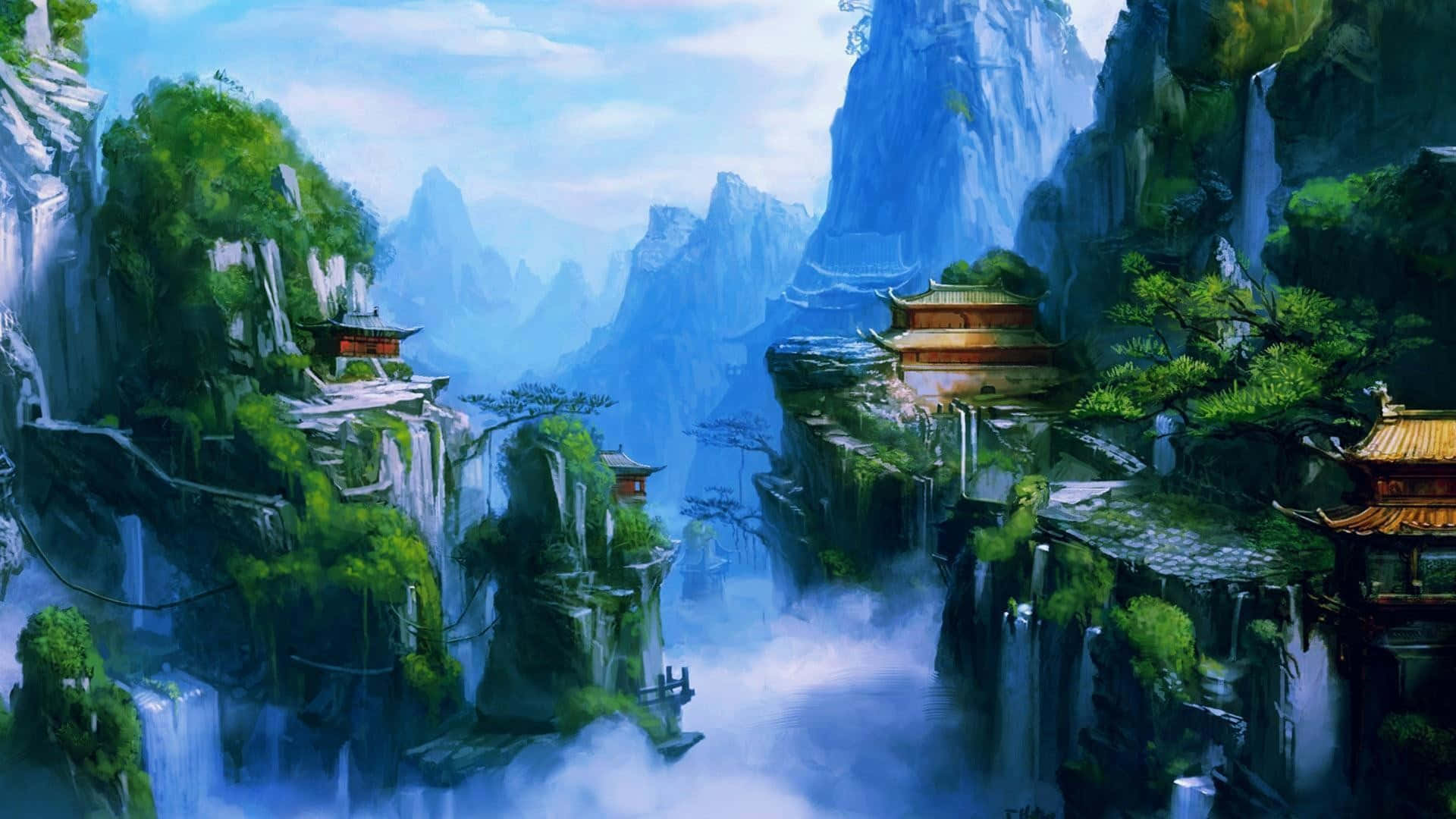 動畫風景動圖 桌布 壁紙 — 古老的東方寺廟坐落在雲霧繚繞的懸崖頂峰，周圍環繞著層疊的瀑布和茂密的綠植，在柔和的藍天下。