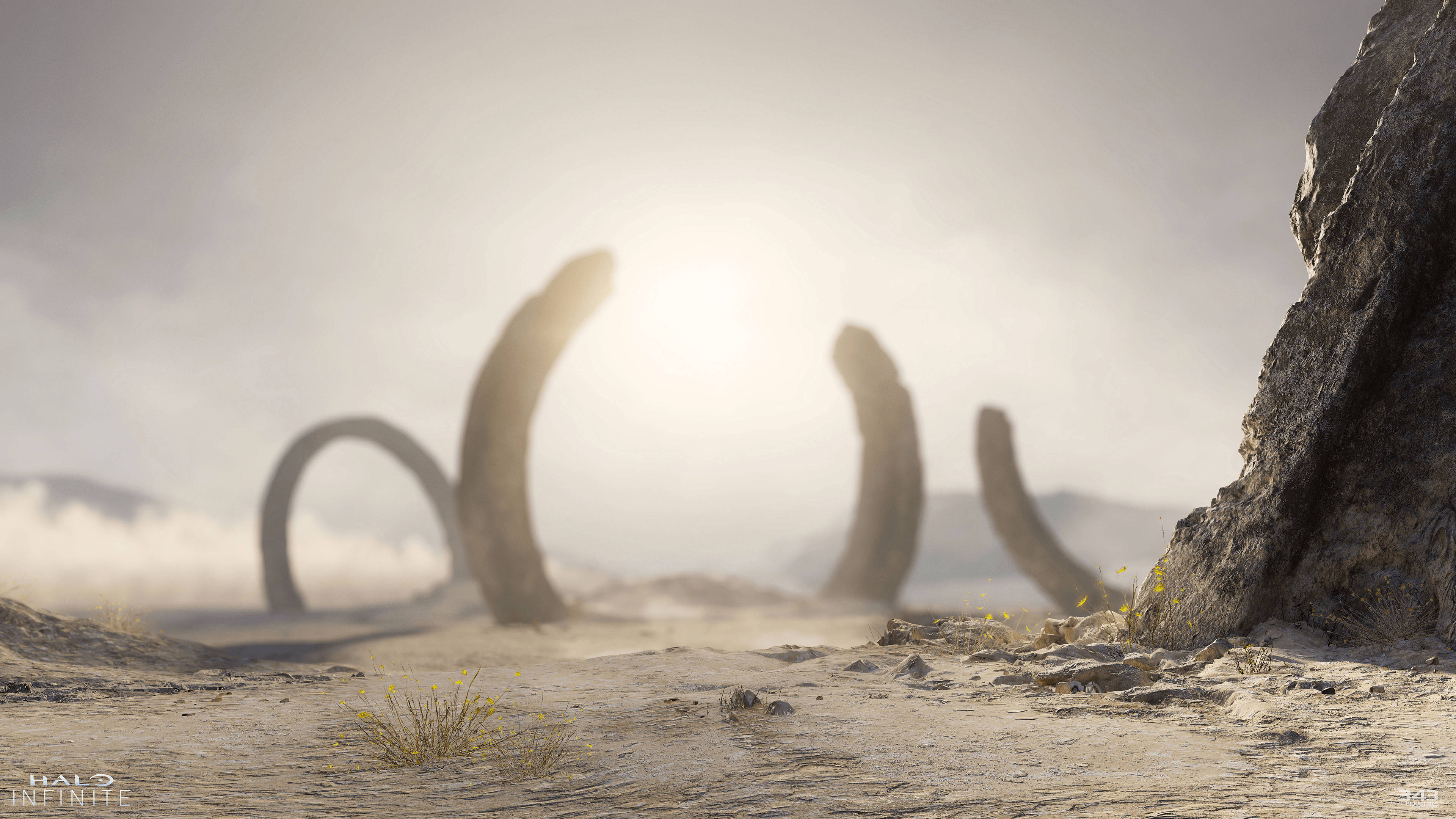Halo Infinite 4K 桌布 壁紙 — 古老的環形結構從塵土飛揚的外星景觀中升起，在朦朧的太陽下，岩石地形和稀疏的黃色花朵。