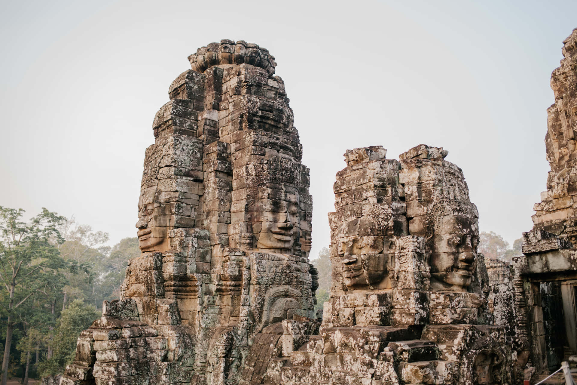 Cambodia 桌布 壁紙 — 古老的石塔帶有寧靜的雕刻面孔，在柔和日光下從叢林葉片中升起。