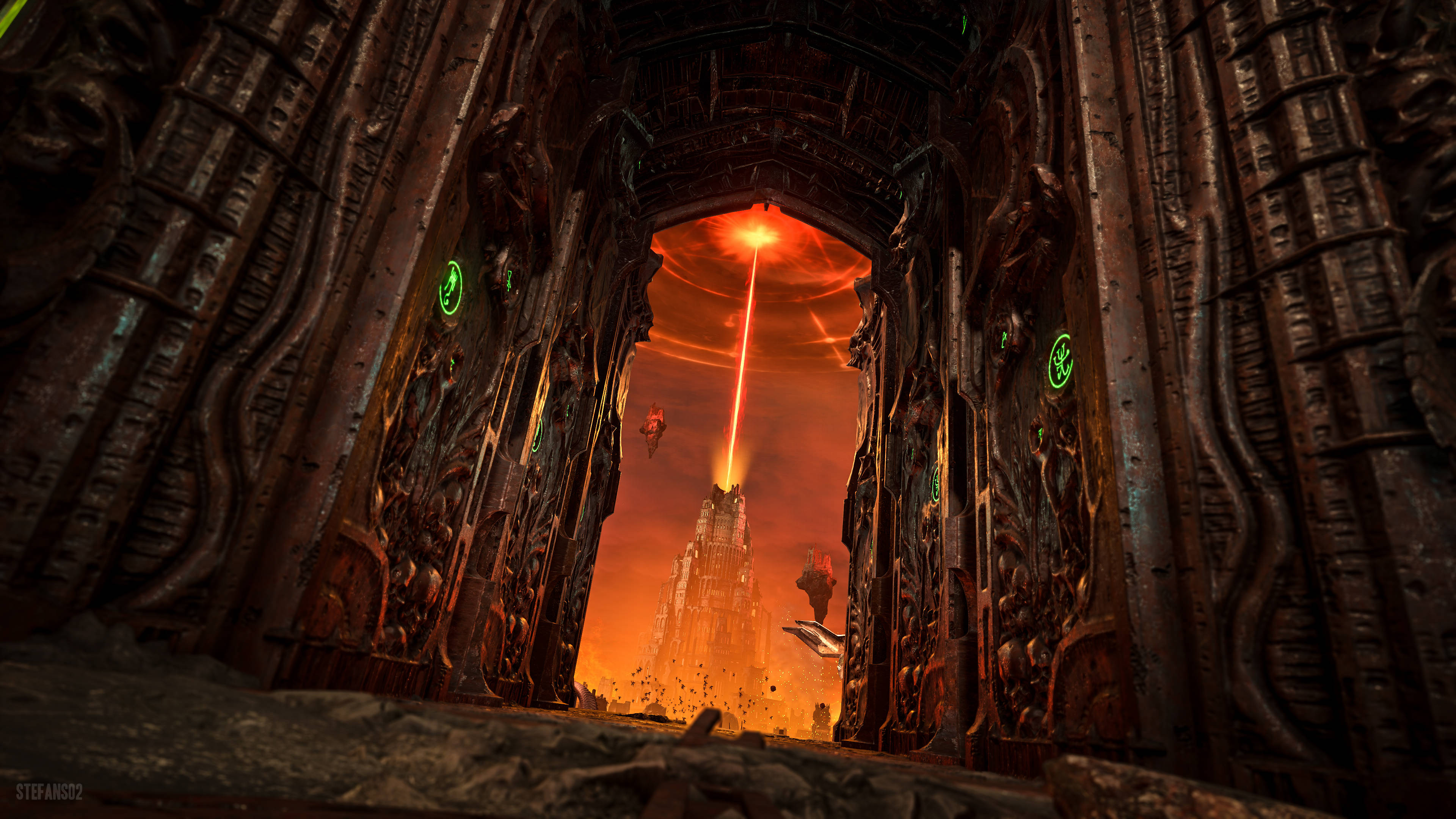 Doom 4K 桌布 壁紙 — 古老的石拱門框住了一個熾熱的外星城市景觀，帶有發光的綠色符文和一道刺穿天空的紅色光束。