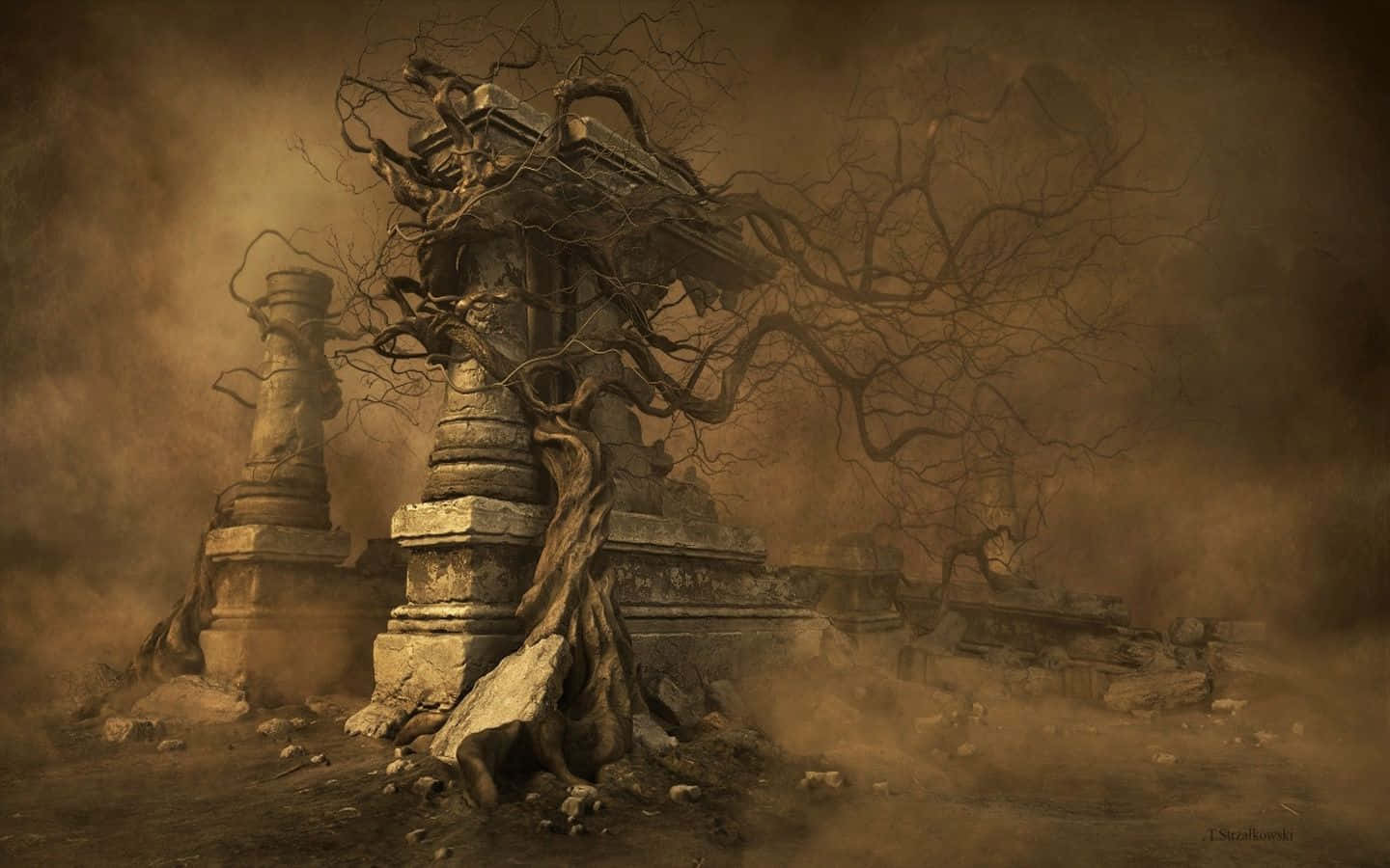Dark Surrealism 桌布 壁紙 — 古老的石柱在塵土飛揚的棕褐色廢墟中，被盤根錯節的樹根纏繞而崩塌。