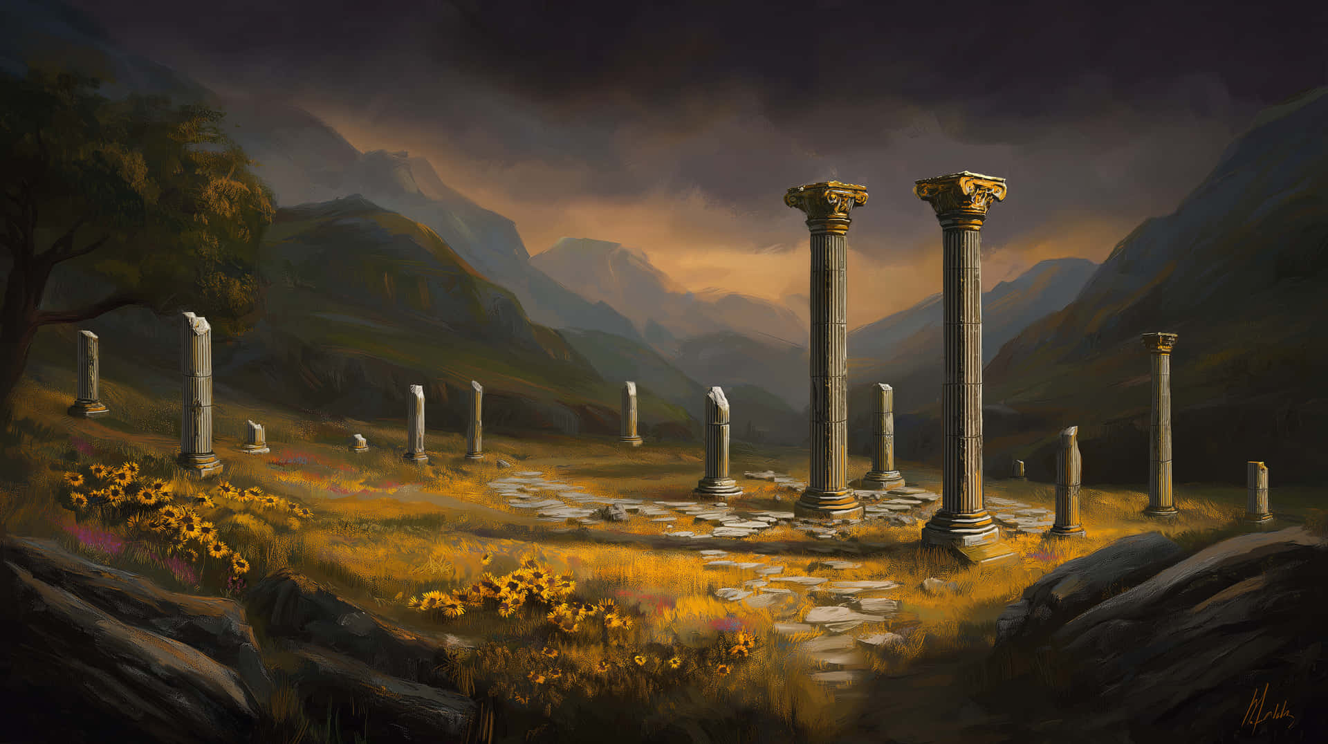 Ancient Ruins and Sunflowers Under Dramatic Skies 壁紙 — 古老的石柱在金色向日葵田中高聳，背景是戲劇性的暮色天空。