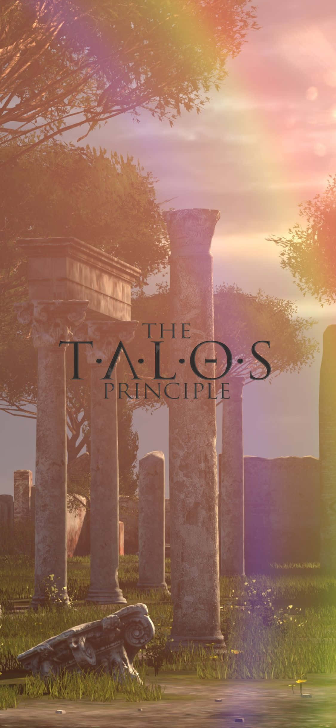 iPhone Xs The Talos Principle 桌布 壁紙 — 古老的石柱矗立在日落時分的草地上，溫暖的光線穿過樹木，附近有一座破碎的雕像。