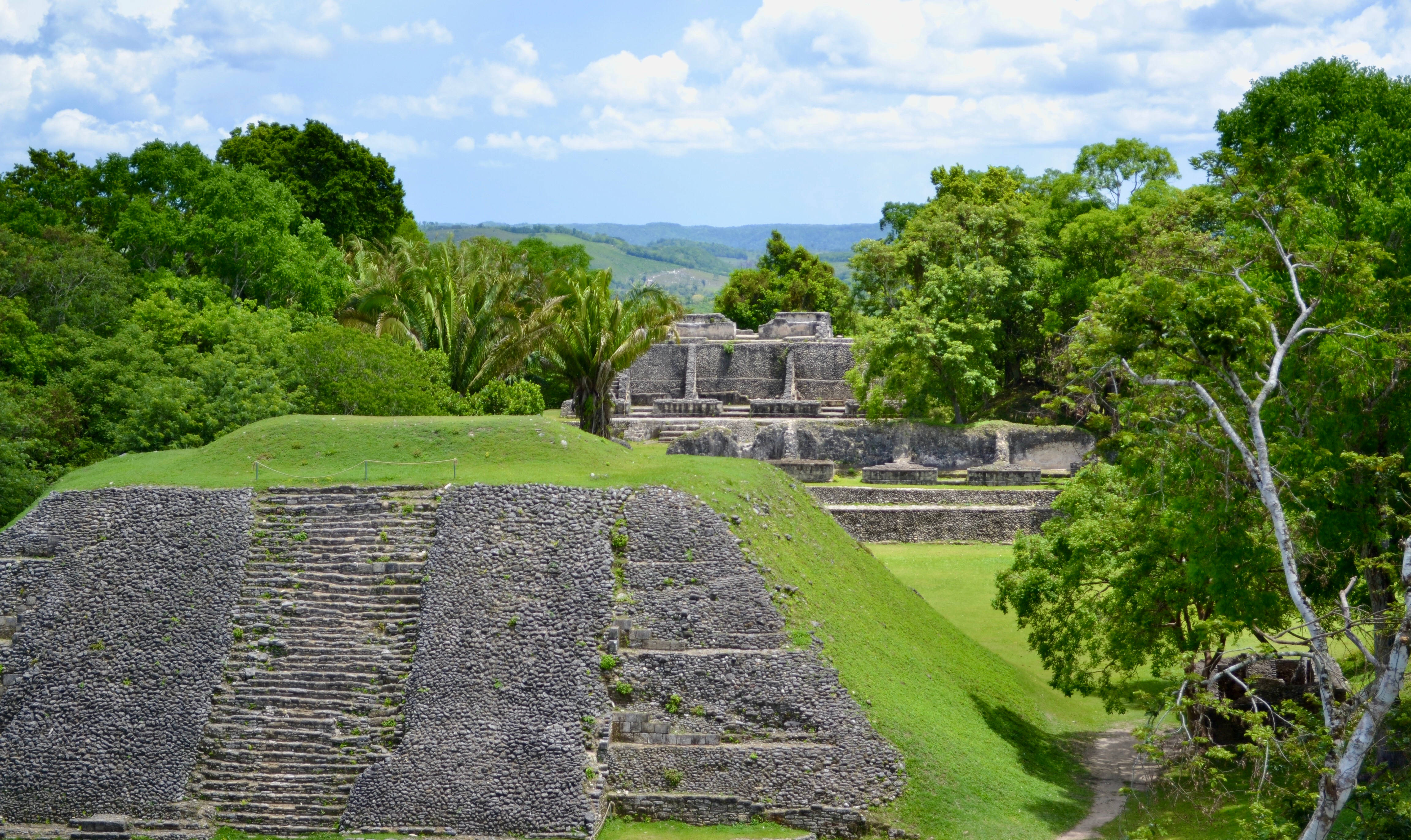 Belize 桌布 壁紙 — 古老的石頭金字塔，帶有草叢露台，從茂密的綠色叢林中升起，在明亮的藍天下有蓬鬆的雲朵。