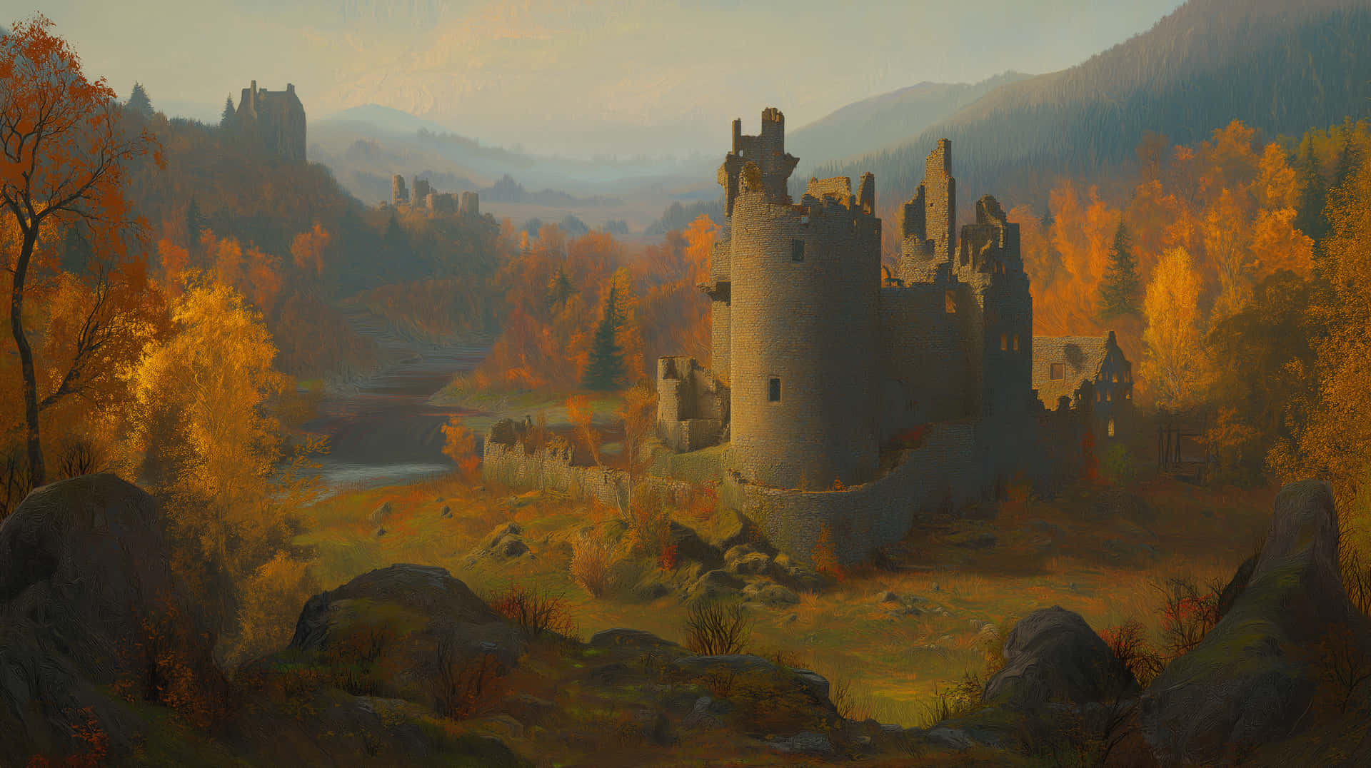 Ancient Castle Ruins in Autumn Highland Landscape 壁紙 — 古老石城堡廢墟矗立在充滿活力的秋葉中，金色樹木和遠山在柔和暮色天空下。