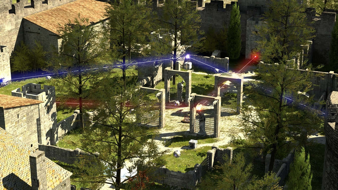 電玩遊戲 桌布 壁紙 — 古老石堡庭院，雷射光束在廢墟和樹木間交錯，沐浴在明亮的日光下。
