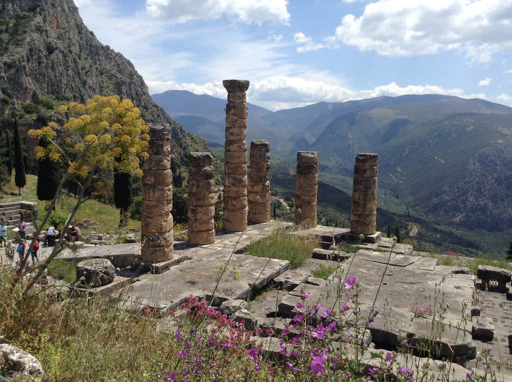 建築 桌布 壁紙 — 古老石廟柱聳立在野花和山脈之間，天空湛藍，雲朵點綴。