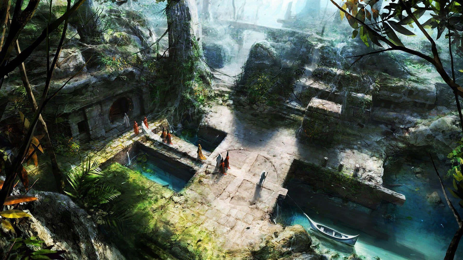Mystical 桌布 壁紙 — 古老石廟遺址坐落於迷霧叢林中，有碧綠水池和身穿橙色長袍的人物。