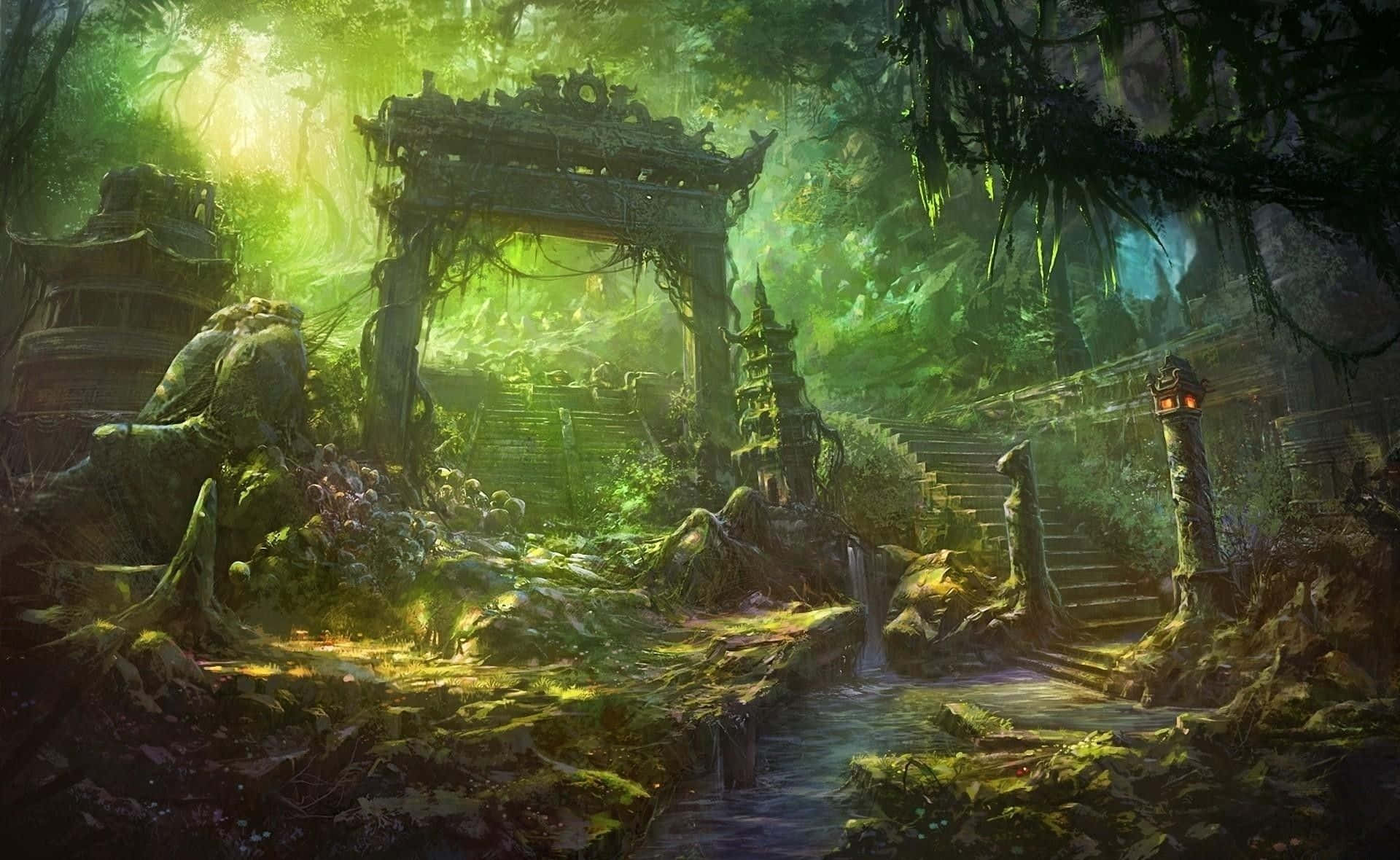 Enchantment 桌布 壁紙 — 古老石廟遺跡長滿苔蘚和藤蔓，位於茂密的綠色叢林中，有發光的光線穿過樹冠。