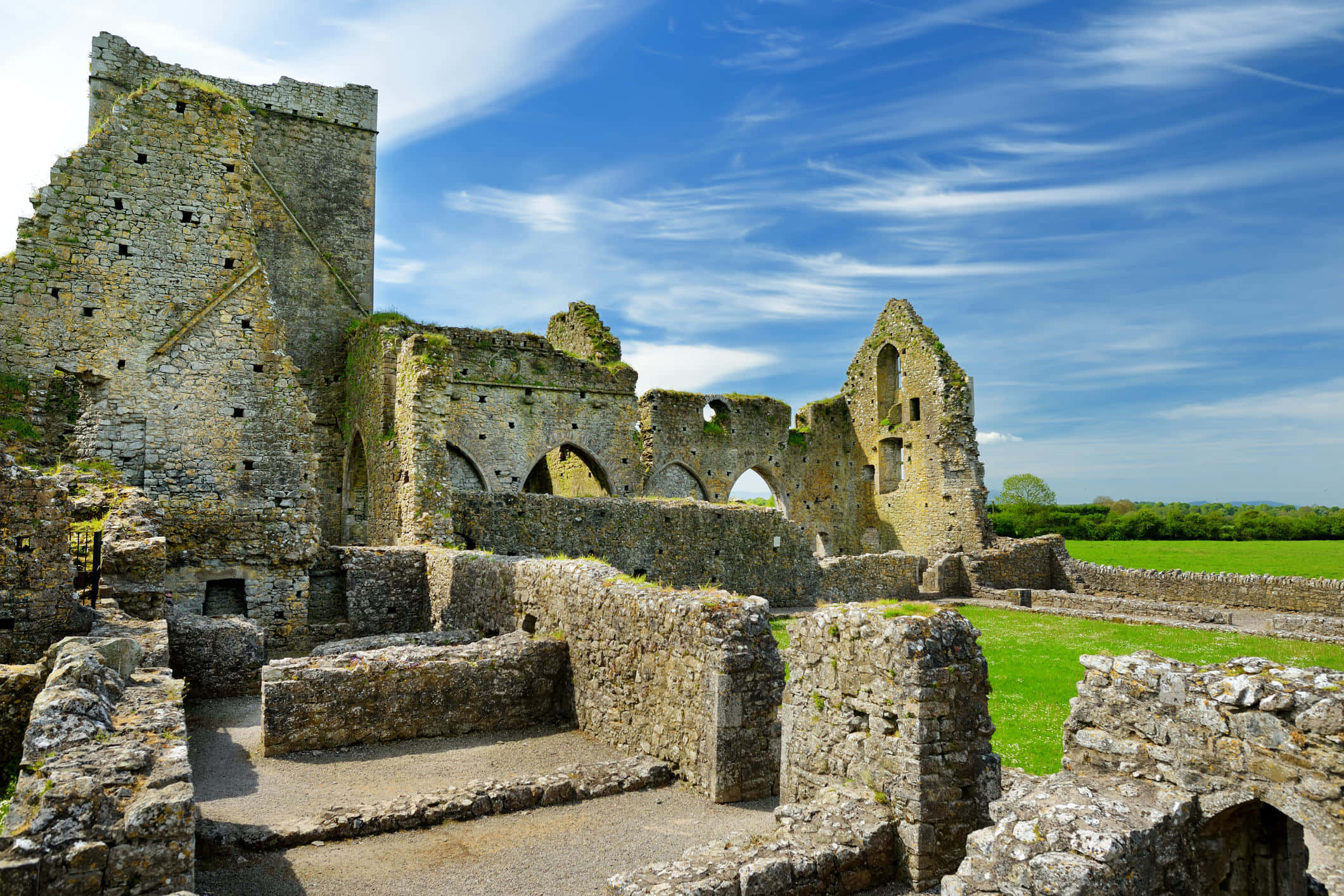 愛爾蘭 桌布 壁紙 — 古老石造修道院遺址高聳於蔚藍天空下，天空有縷縷白雲，下方是翠綠田野。