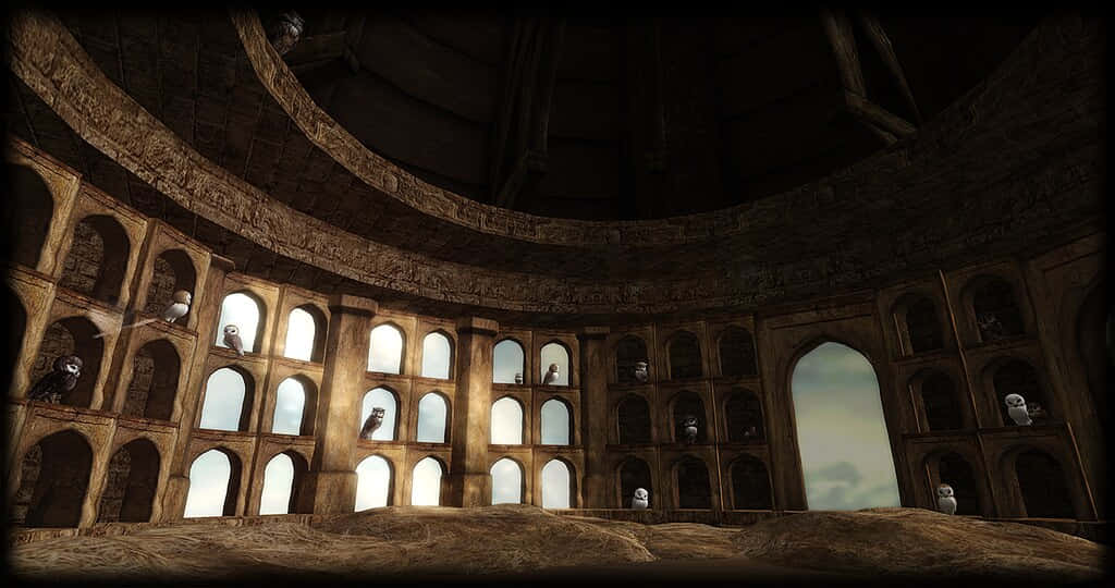 The Hogwarts Owlery 桌布 壁紙 — 古老石造圓形劇場，拱形窗戶透出柔和日光，貓頭鷹靜靜棲息在廢墟中。