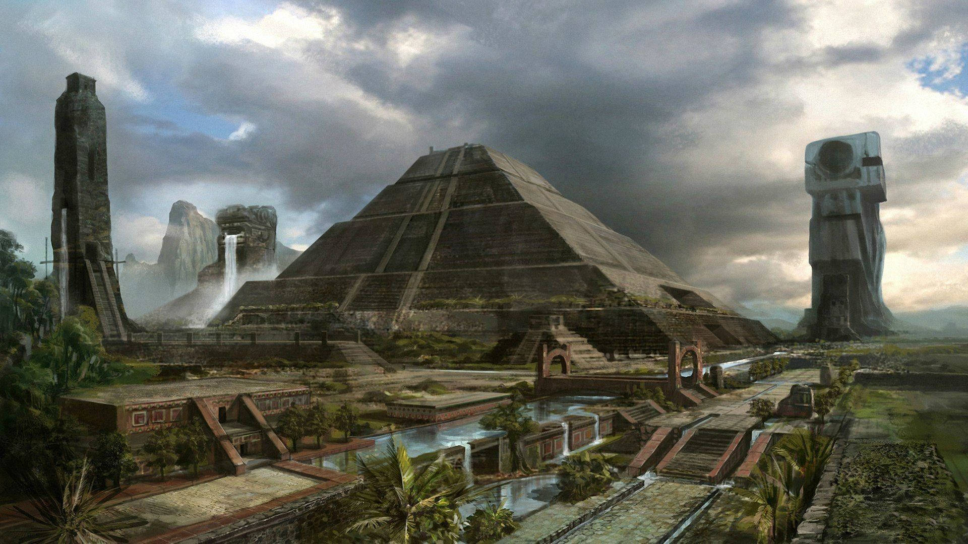 Civilization 桌布 壁紙 — 古老石金字塔和塔樓從叢林廢墟中升起，在暴風雨的天空下，瀑布傾瀉而下。