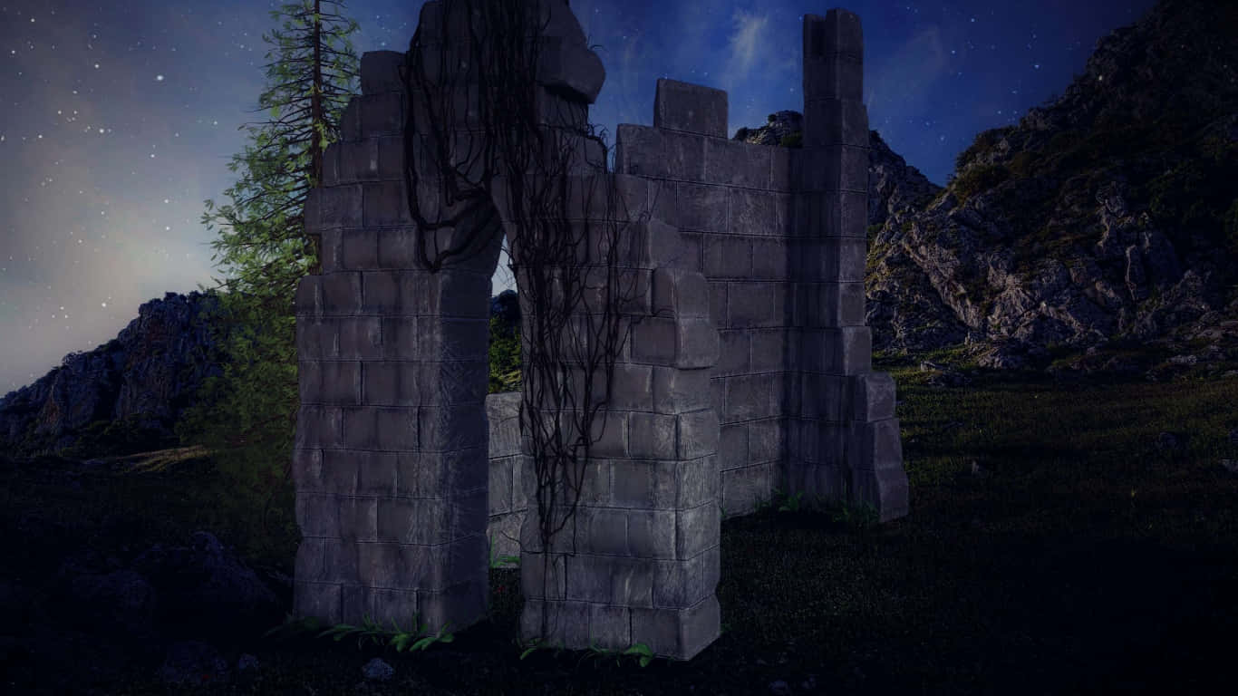 Dark Tales 桌布 壁紙 — 古老石頭廢墟纏繞著暗色藤蔓，在繁星點點的夜空下矗立，背景是崎嶇的山脈。