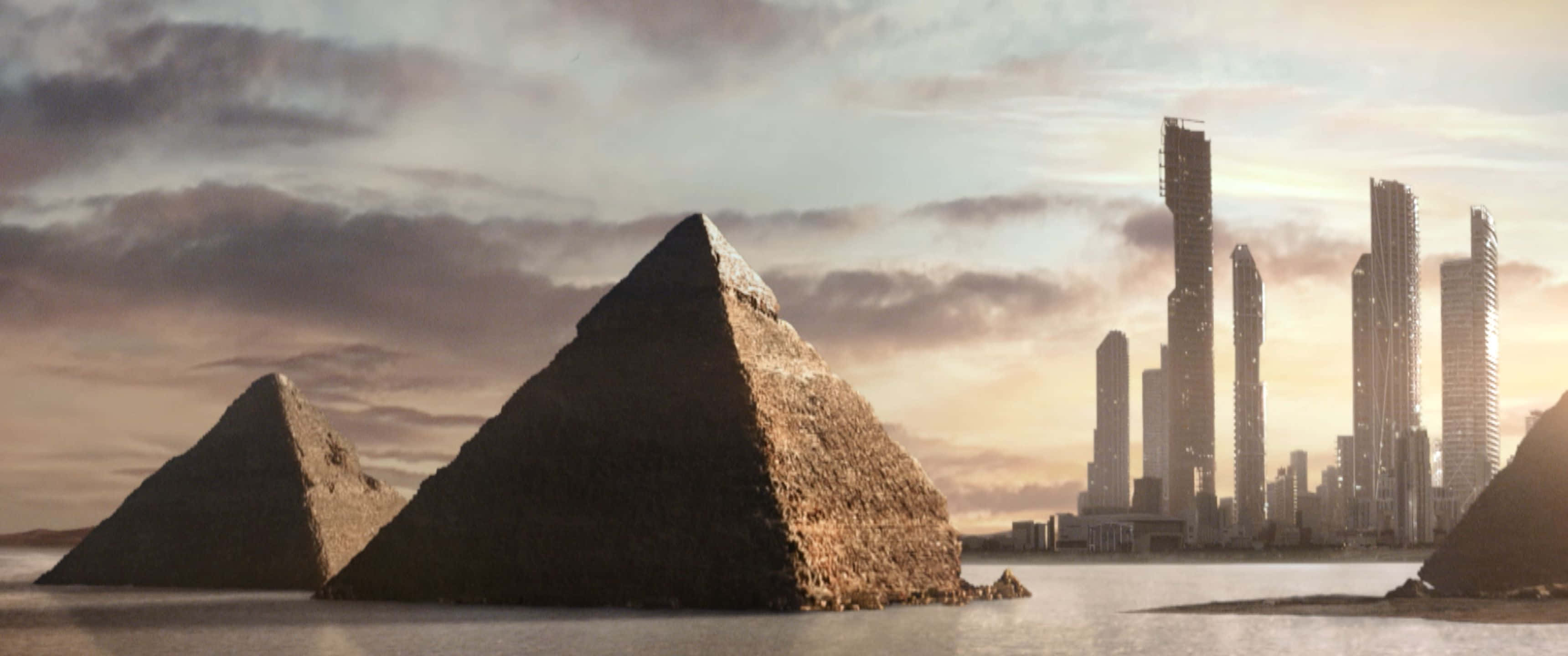 1440p Civilization Beyond Earth 桌布 壁紙 — 古老金字塔從水中升起，旁邊是未來主義的城市天際線，天空多雲的日落。