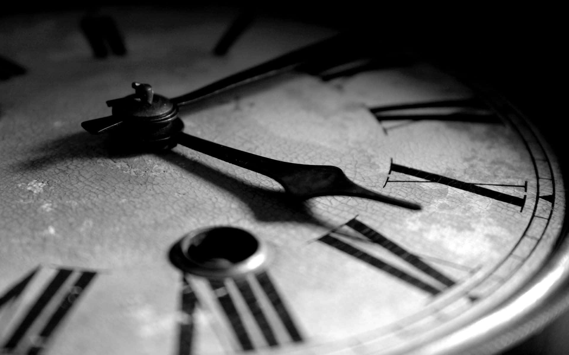 Clock 桌布 壁紙 — 古董時鐘錶面特寫，帶有裂紋瓷器和羅馬數字，單色調。