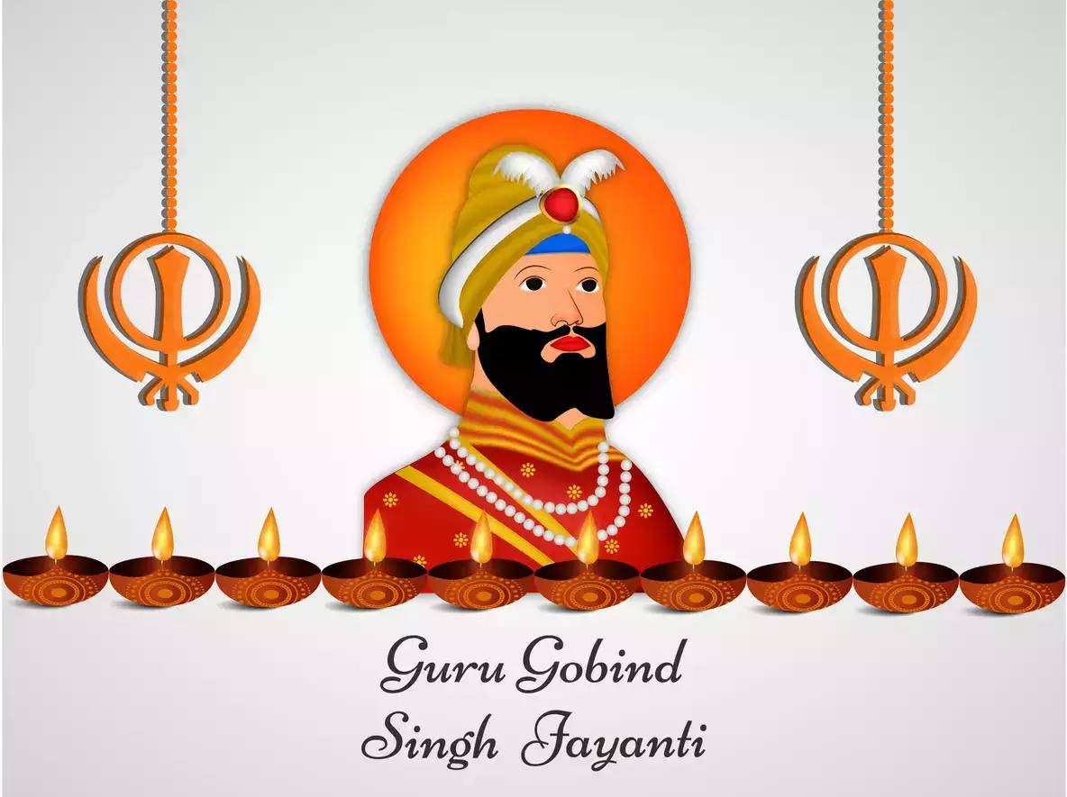 Guru Gobind Singh Ji 桌布 壁紙 — 古魯戈賓德辛格的插圖，由懸掛的卡達符號和下方點燃的迪亞燈所框住。