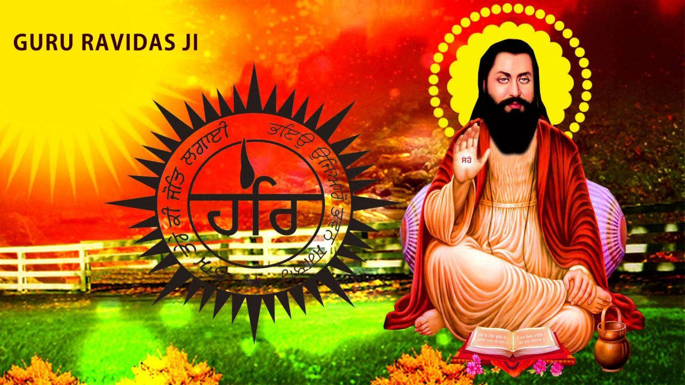 Indian 桌布 壁紙 — 古魯拉維達斯·吉（Guru Ravidas Ji）在熾熱的日落背景下冥想而坐，散發著光環，背景有發光的標誌和充滿活力的綠色田野。