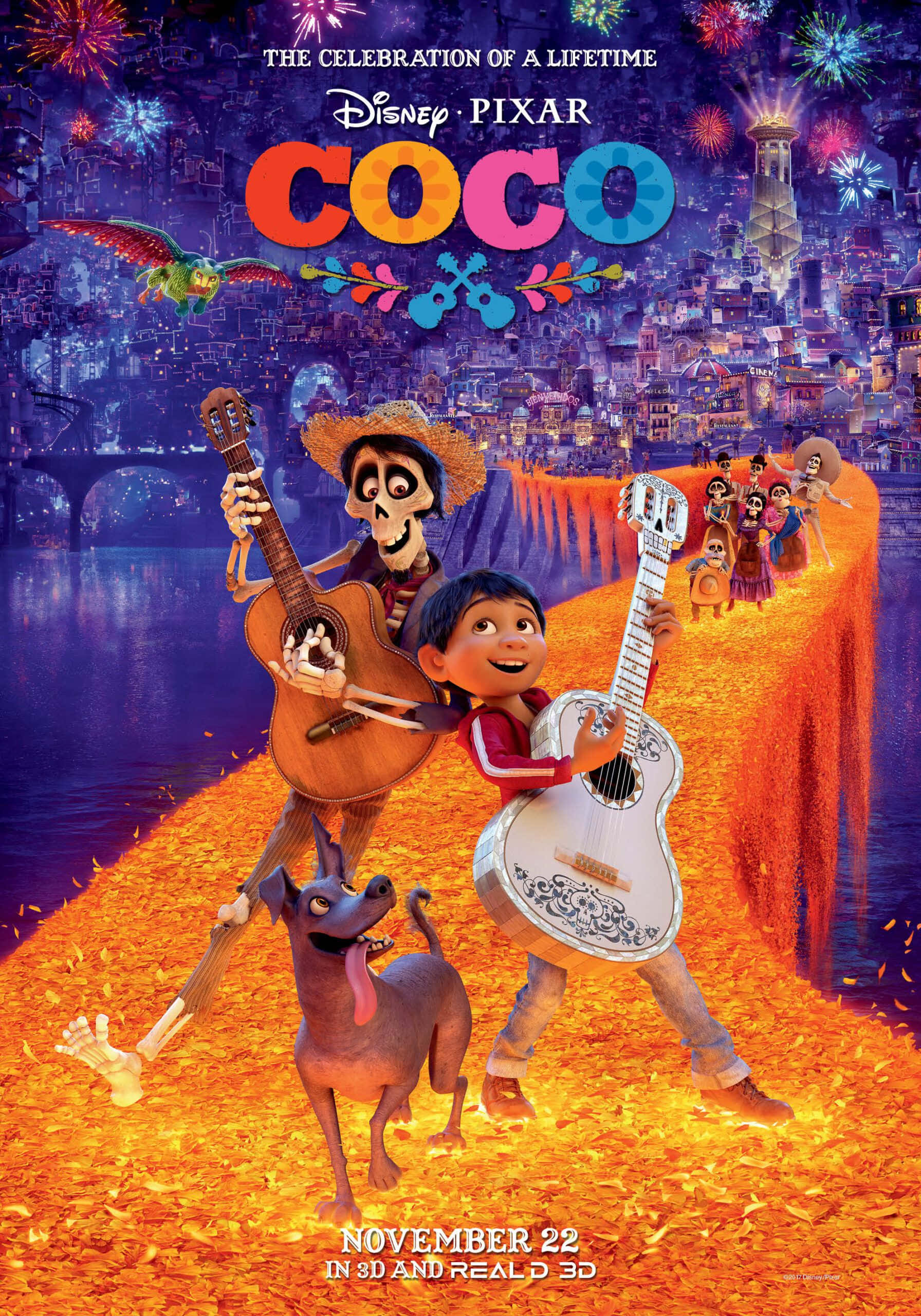 Disney 3d Movies 桌布 壁紙 — 《可可夜總會》中一個充滿活力的動畫場景，顯示米高和赫克托在煙火下沿著發光的萬壽菊小徑彈吉他。