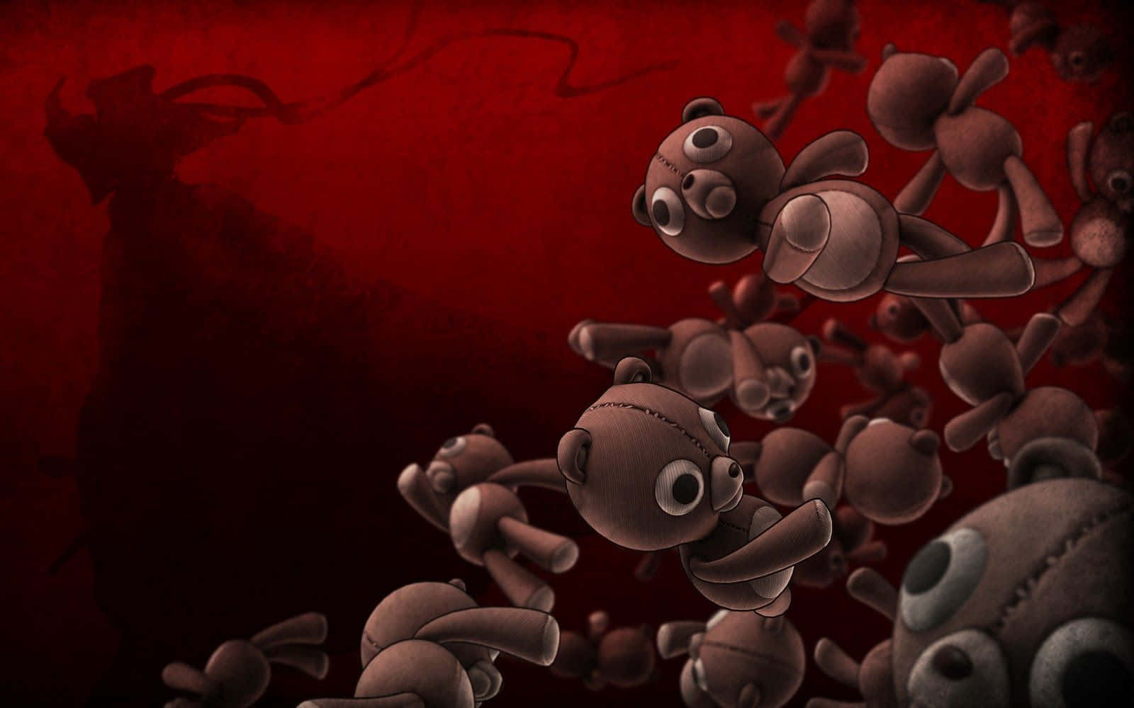 Afro Samurai 桌布 壁紙 — 可怕的棕色泰迪熊漂浮在暗紅色虛空中，背景中有一個陰暗的角狀身影若隱若現。