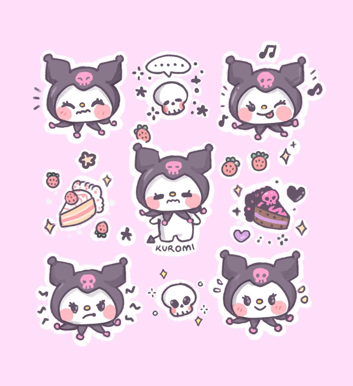 Kuromi Fanart 桌布 壁紙 — 可愛Kuromi貼紙，帶有骷髏圖案和草莓甜點，背景為柔和粉紅色。