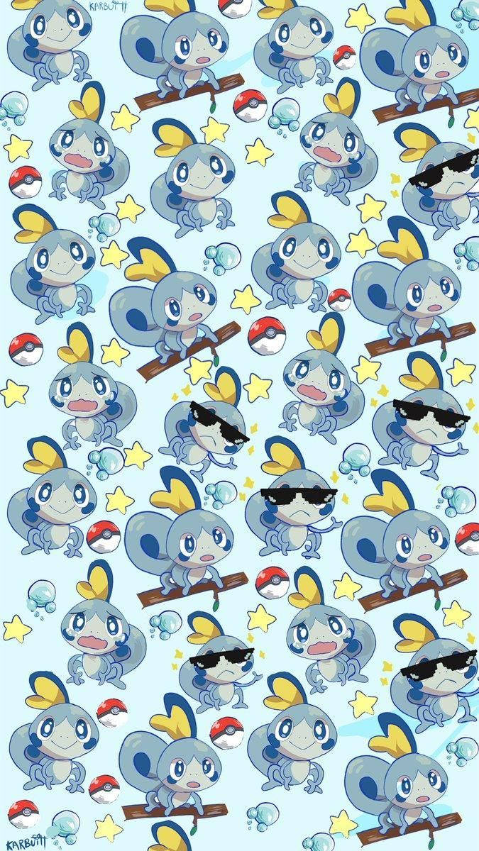 shield 桌布 壁紙 — 可愛卡通 Froakie 角色戴著太陽眼鏡並拿著棍棒，在淺藍色背景上重複圖案，配有黃色星星和精靈球。
