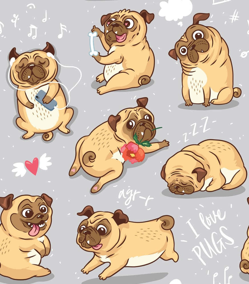 Dog Art 桌布 壁紙 — 可愛卡通八哥犬以各種俏皮姿勢呈現，配有音符、愛心和文字，背景為灰色。
