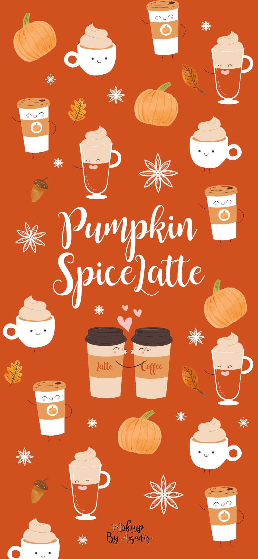 Cute Pumpkin iPhone 桌布 壁紙 — 可愛卡通南瓜香料拿鐵和南瓜帶著笑臉漂浮在溫暖的橙色背景上。