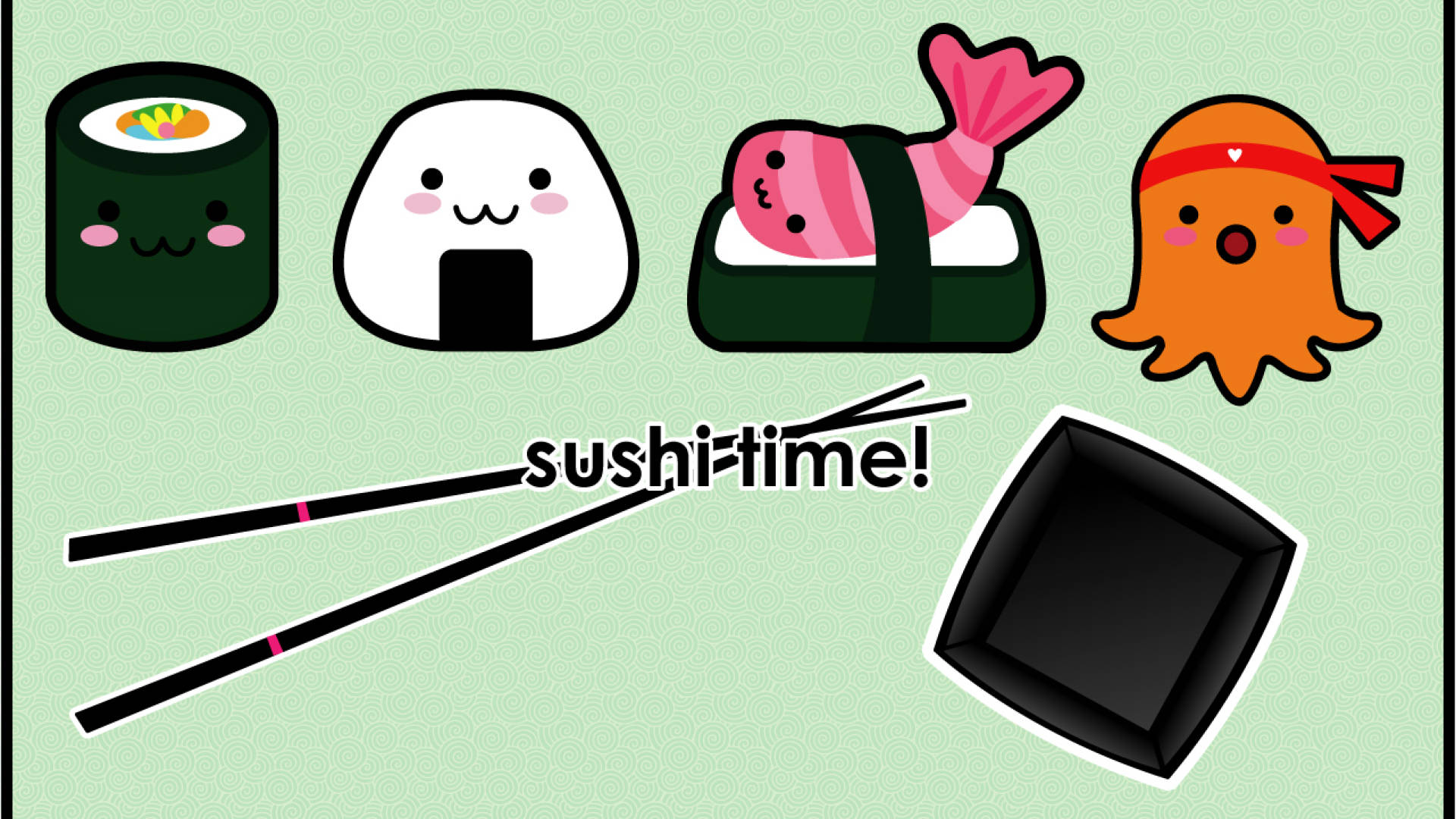 Sushi 桌布 壁紙 — 可愛卡通壽司角色，搭配筷子和碗，在薄荷綠色背景上。