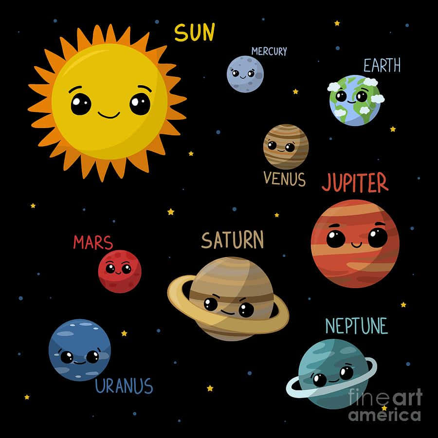 太陽系 桌布 壁紙 — 可愛卡通太陽系，有微笑的太陽和行星，背景是星空黑色。