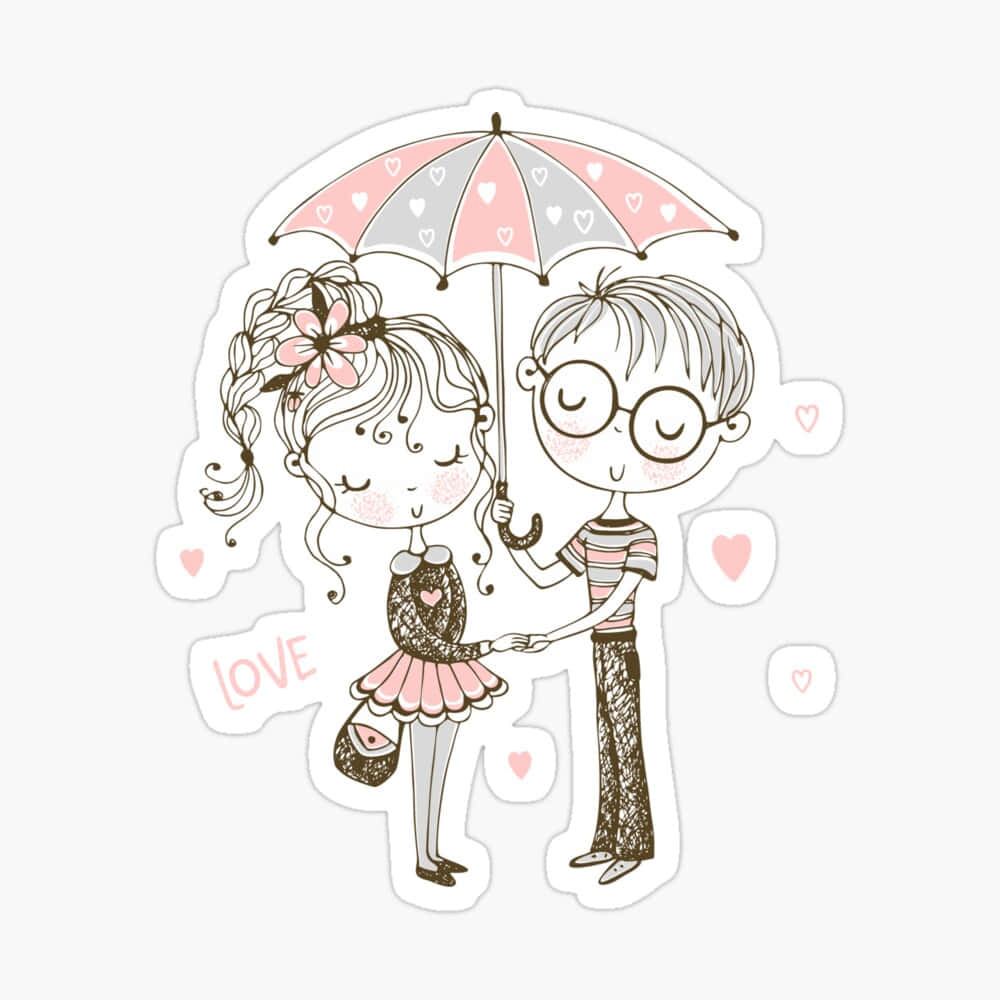 Raining 桌布 壁紙 — 可愛卡通情侶在細雨中撐著粉紅和灰色心形圖案雨傘，周圍有漂浮的心形和「愛」字。