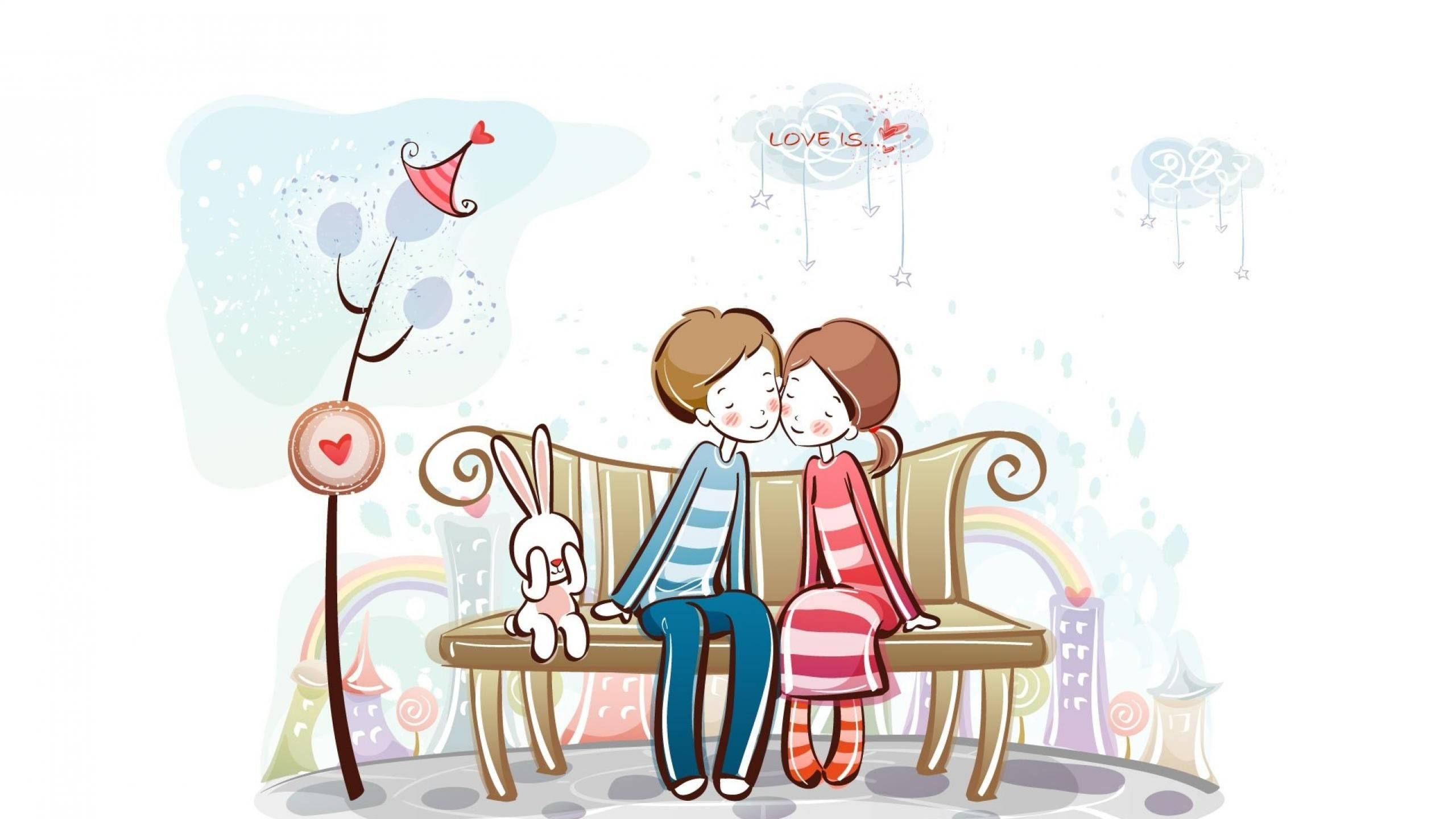 Love Story 桌布 壁紙 — 可愛卡通情侶在長椅上接吻，旁邊有兔子，上方漂浮著彩虹和心形雲朵。