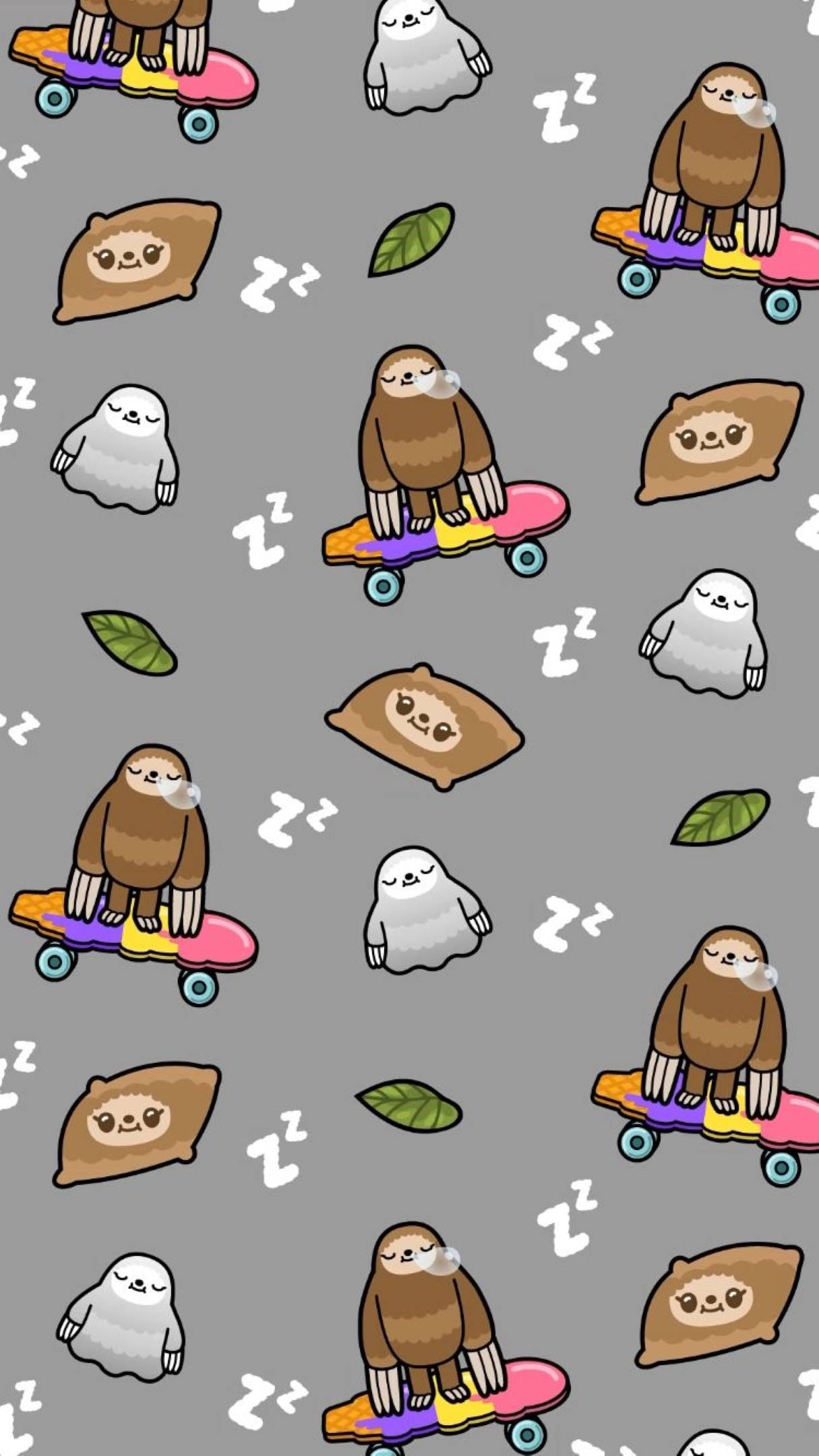Toca 桌布 壁紙 — 可愛卡通樹懶和幽靈枕頭在灰色背景上，睡在帶有葉子和zzz符號的彩色滑板上。