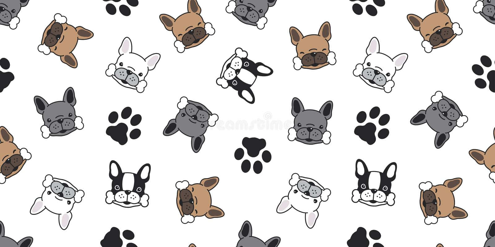 Cute Cartoon Dog 桌布 壁紙 — 可愛卡通法國鬥牛犬面孔和腳印在白色背景上以俏皮圖案重複。
