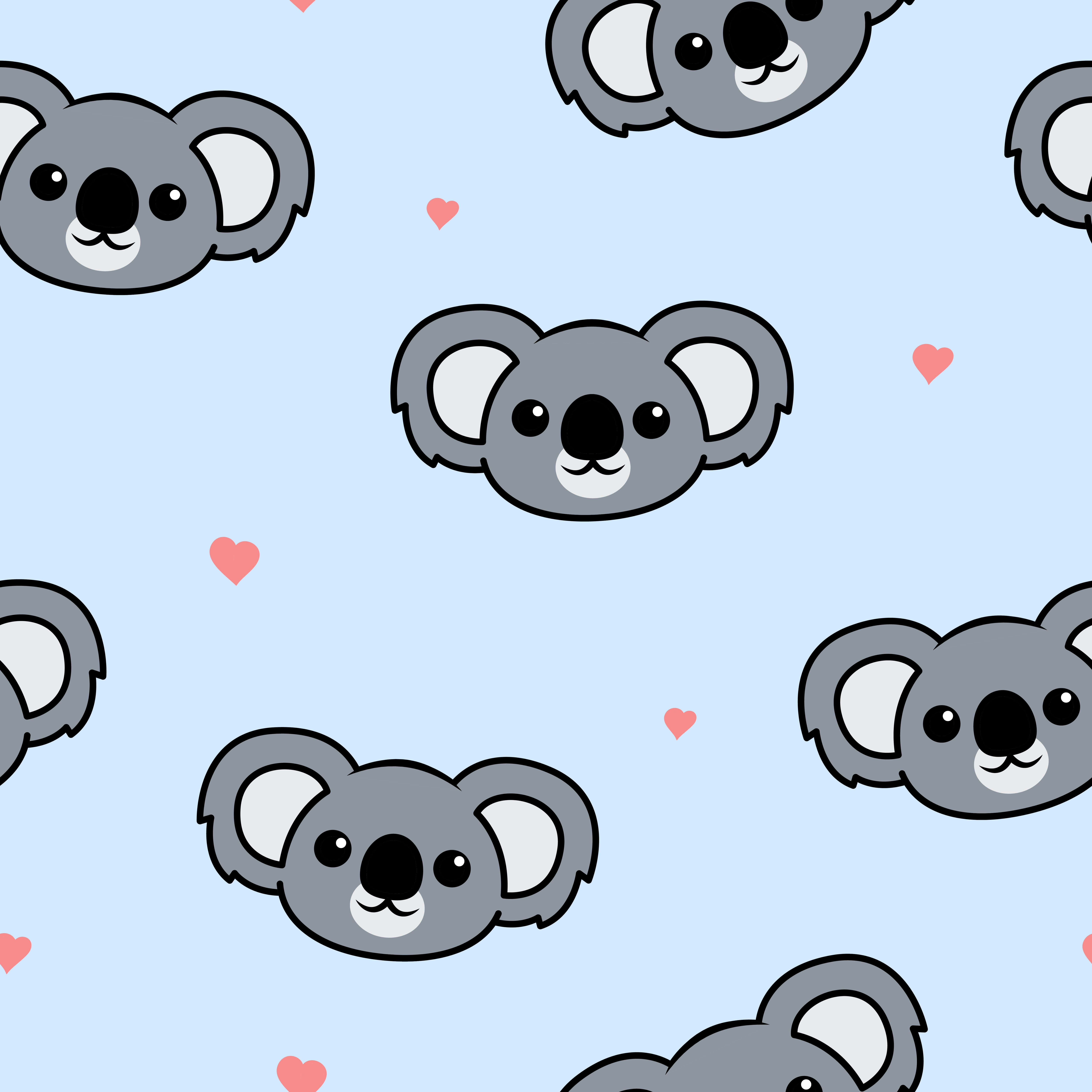 Koala 桌布 壁紙 — 可愛卡通無尾熊臉孔配上粉紅愛心，在柔和藍色背景上以重複圖案漂浮。