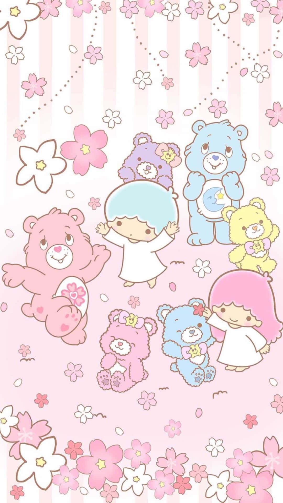 Kawaii Japanese 桌布 壁紙 — 可愛卡通熊和女孩在粉紅色花卉壁紙上，帶有條紋背景。