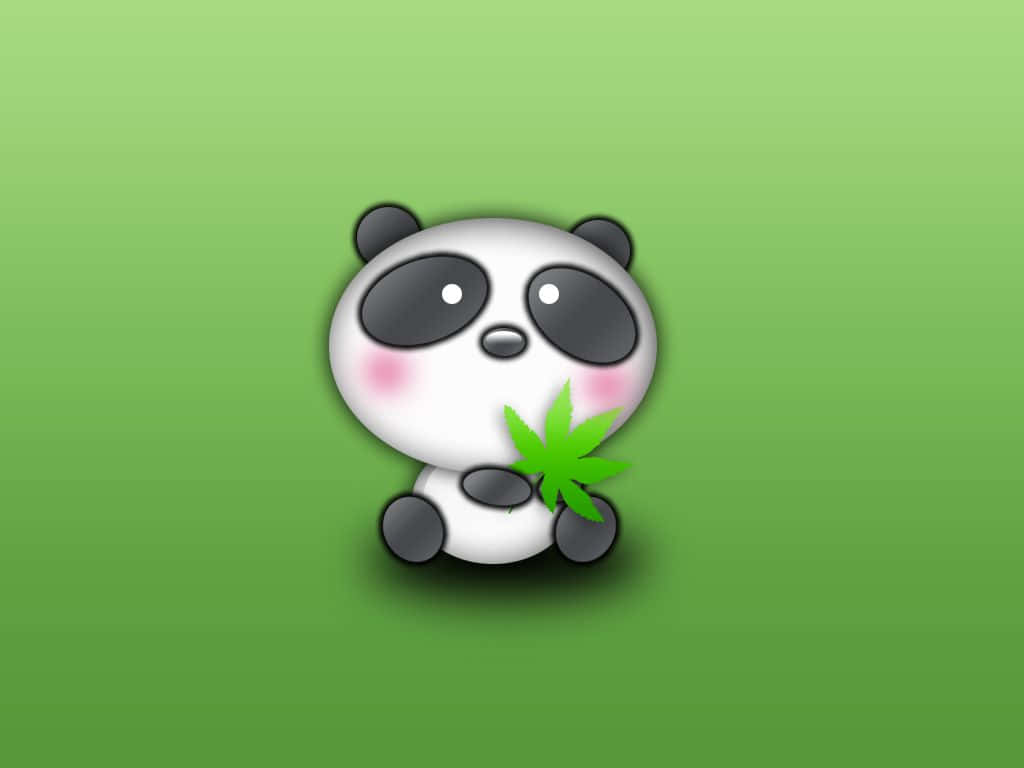 桌布 壁紙 — 可愛卡通熊貓，臉頰紅潤，手持綠葉，背景為柔和綠色漸變。