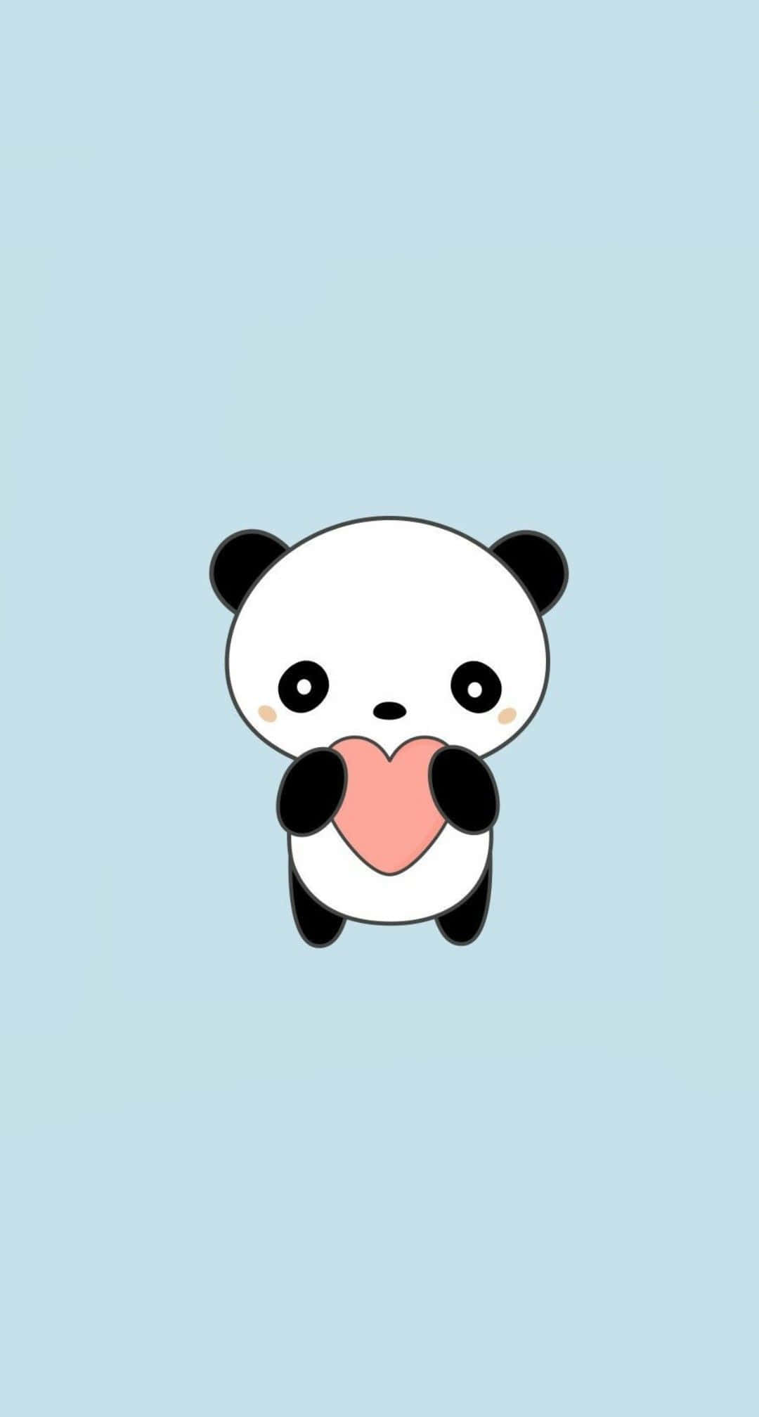Cute Panda 桌布 壁紙 — 可愛卡通熊貓在柔和藍色漸變背景上拿著粉紅色心形。