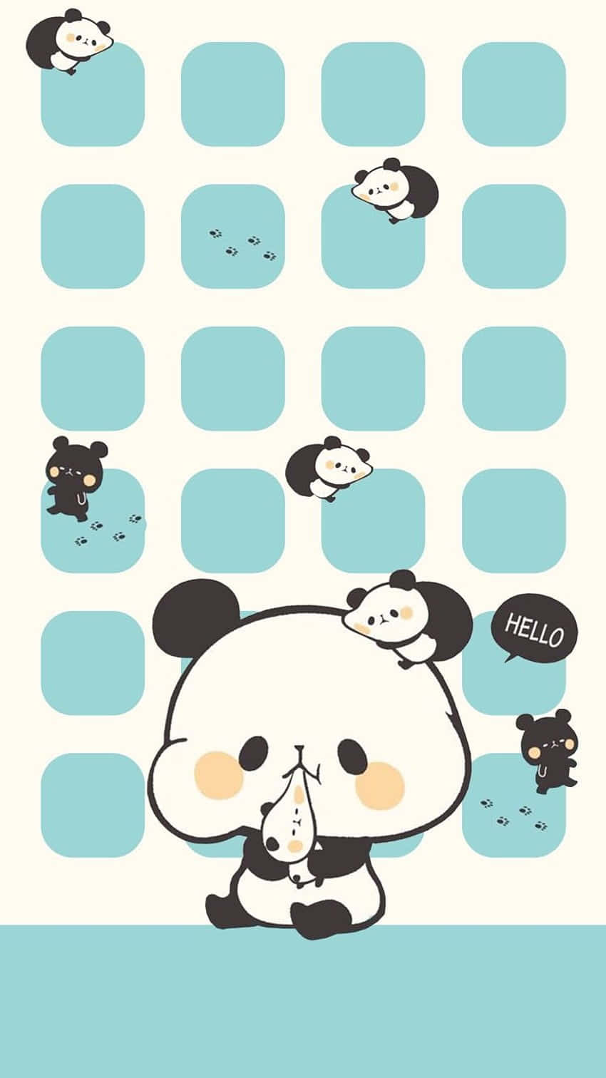 Cute Panda 桌布 壁紙 — 可愛卡通熊貓在青綠色方格網格中，一隻揮手打招呼，其他探頭出來。