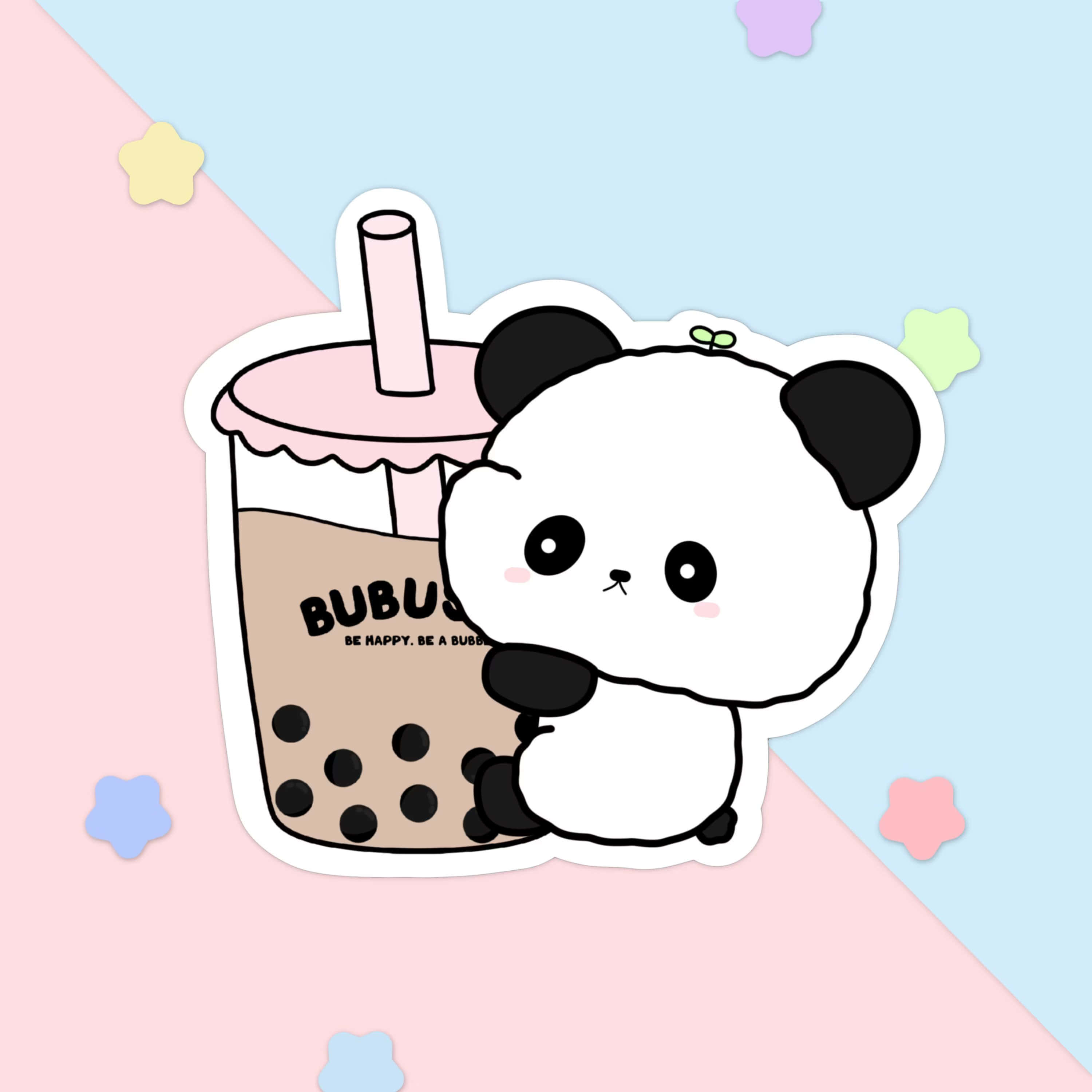 可愛 桌布 壁紙 — 可愛卡通熊貓擁抱一杯珍珠奶茶，周圍漂浮著粉彩星星。
