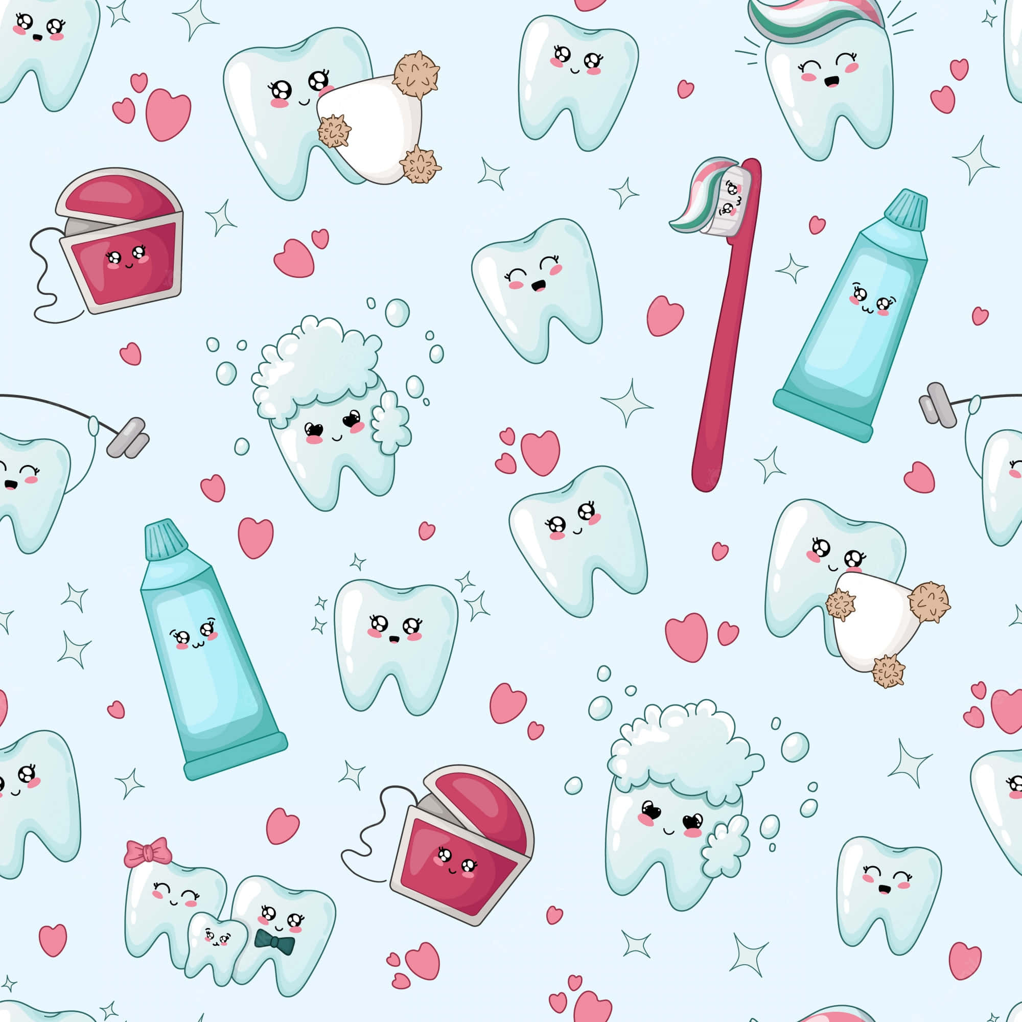 Tooth 桌布 壁紙 — 可愛卡通牙齒和牙科物品，帶有笑臉和心形圖案，淺藍色背景。