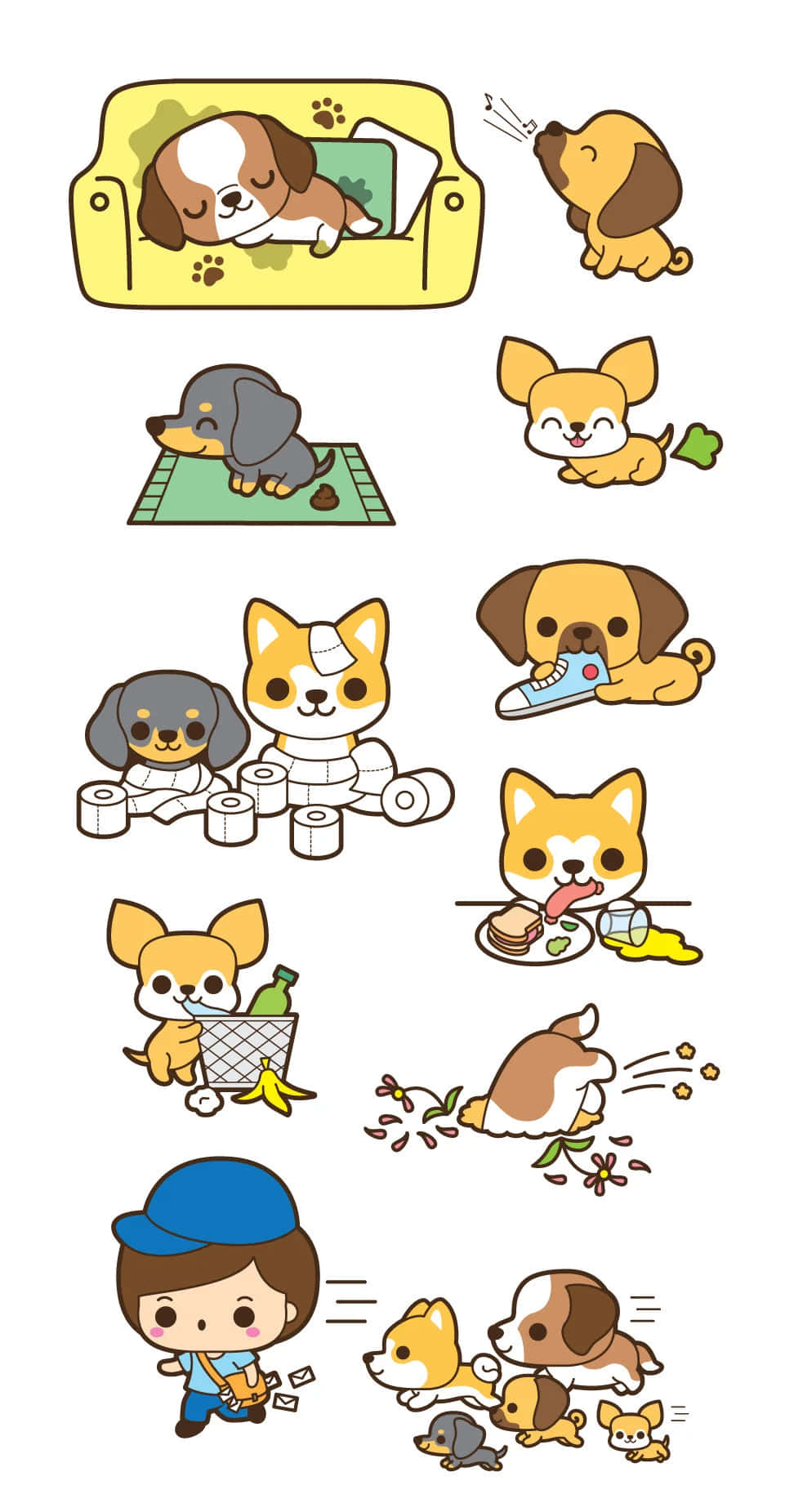 Kawaii Dog 桌布 壁紙 — 可愛卡通狗在各種愚蠢和混亂的情況，例如睡覺、打噴嚏、吃得亂七八糟以及和男孩玩耍。