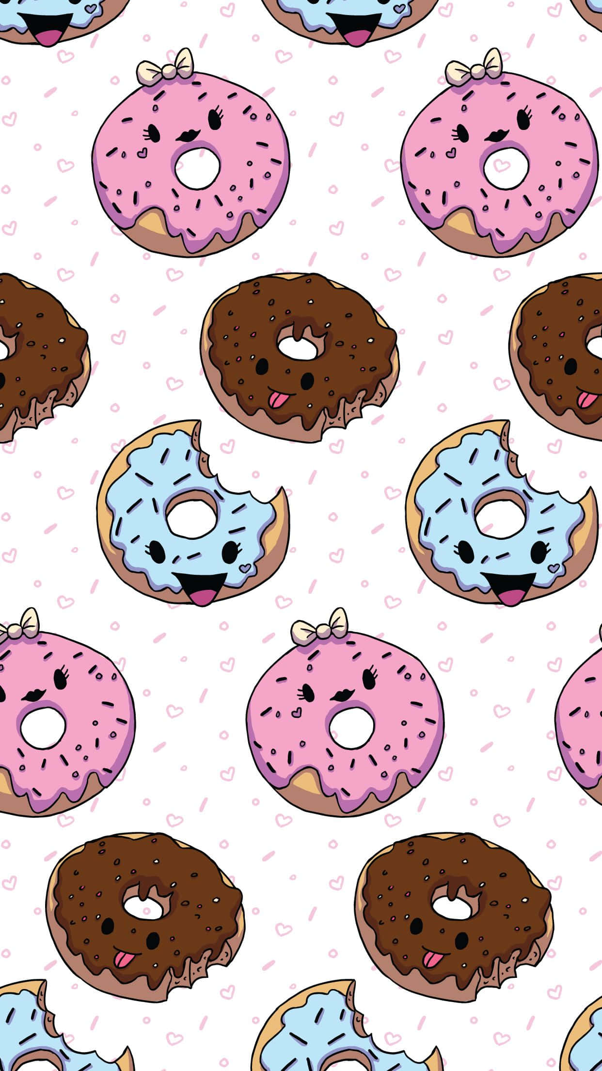 Cute Donut 桌布 壁紙 — 可愛卡通甜甜圈有表情和糖針，在白色背景上重複成一個玩味圖案。