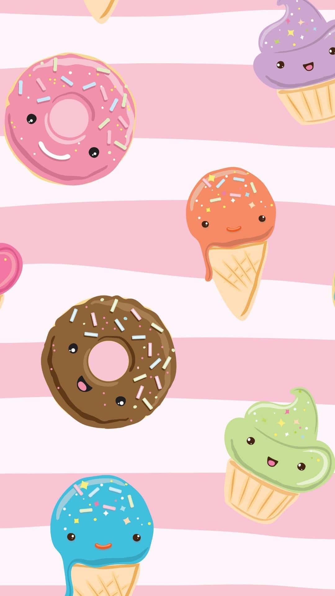 Cute Food iPhone 桌布 壁紙 — 可愛卡通甜點帶有表情，漂浮在粉紅和白色條紋上，形成有趣的圖案。
