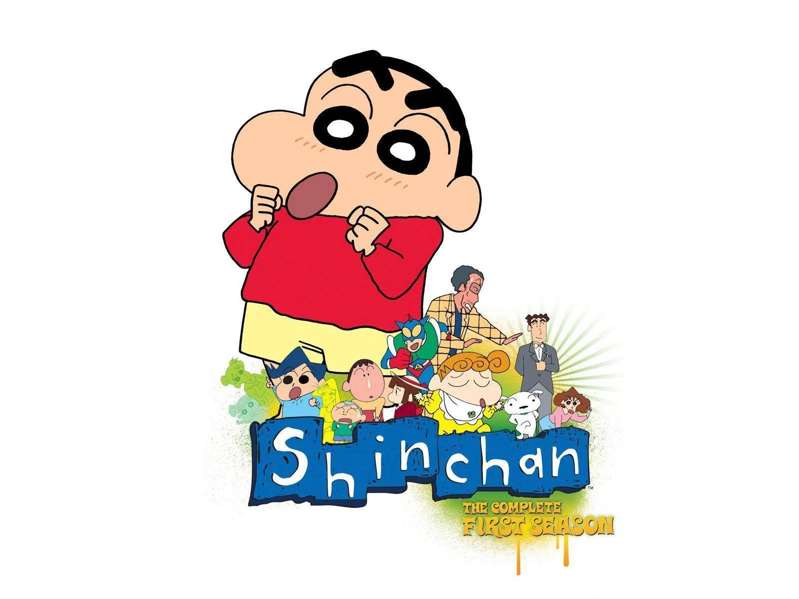 蠟筆小新 桌布 壁紙 — 可愛卡通男孩新之助拿著湯匙，被色彩繽紛的家人和朋友包圍在明亮的宣傳海報中。