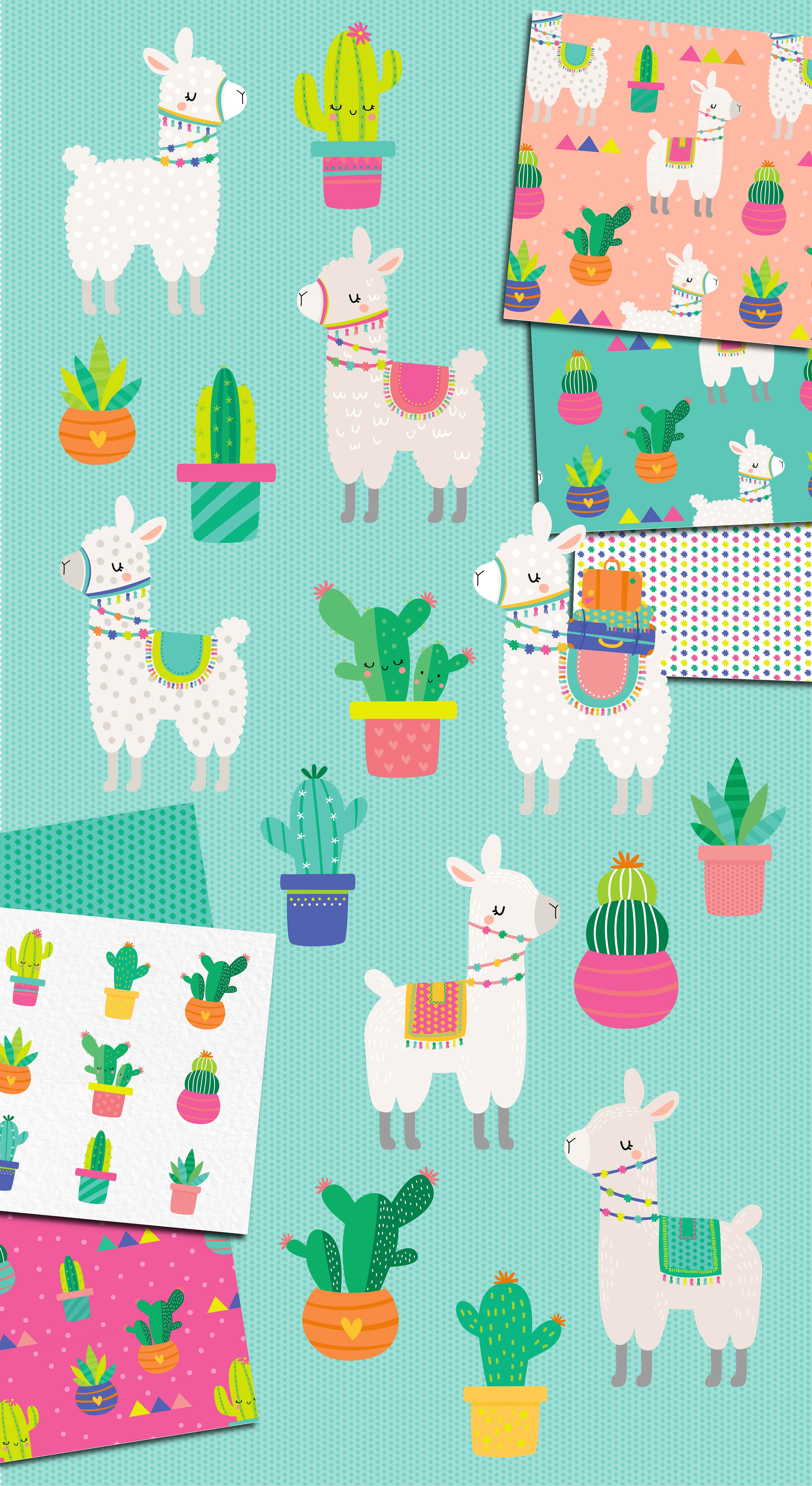 llama 桌布 壁紙 — 可愛卡通羊駝和盆栽仙人掌，以粉彩圖案呈現於青綠色背景上，附有樣本色塊。