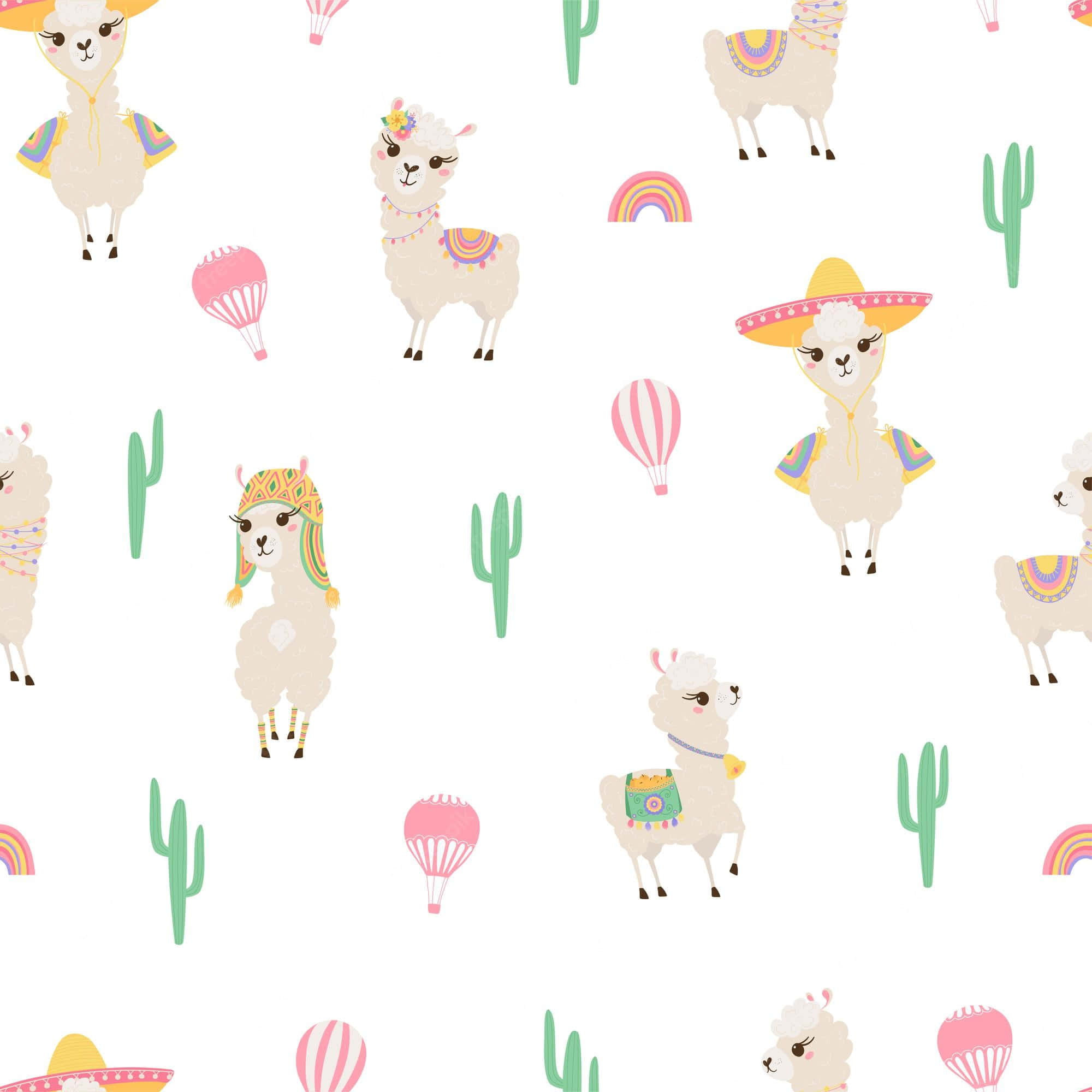 llama 桌布 壁紙 — 可愛卡通羊駝戴著彩色帽子和鞍具，散落在仙人掌、熱氣球和彩虹之間，背景為白色。