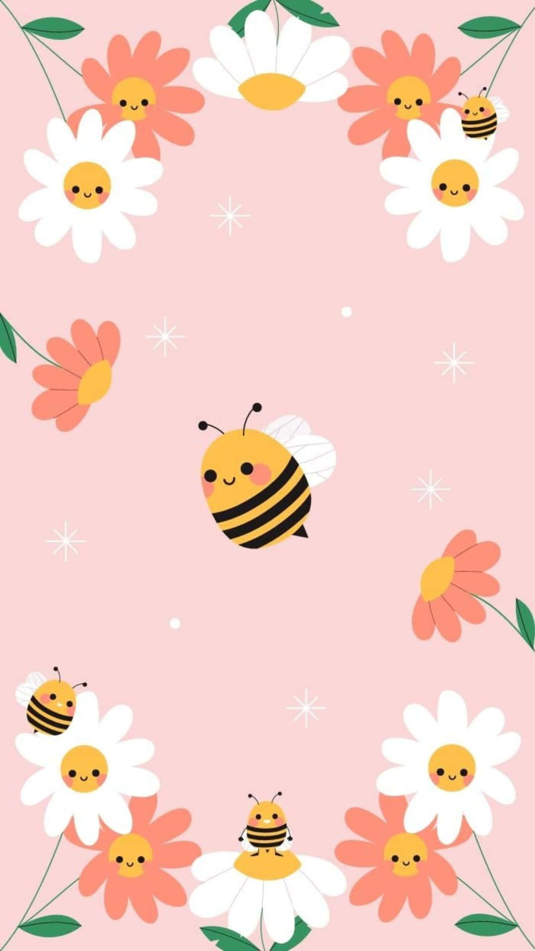 Kawaii Art 桌布 壁紙 — 可愛卡通蜜蜂和微笑雛菊，配粉紅色背景和白色閃光。