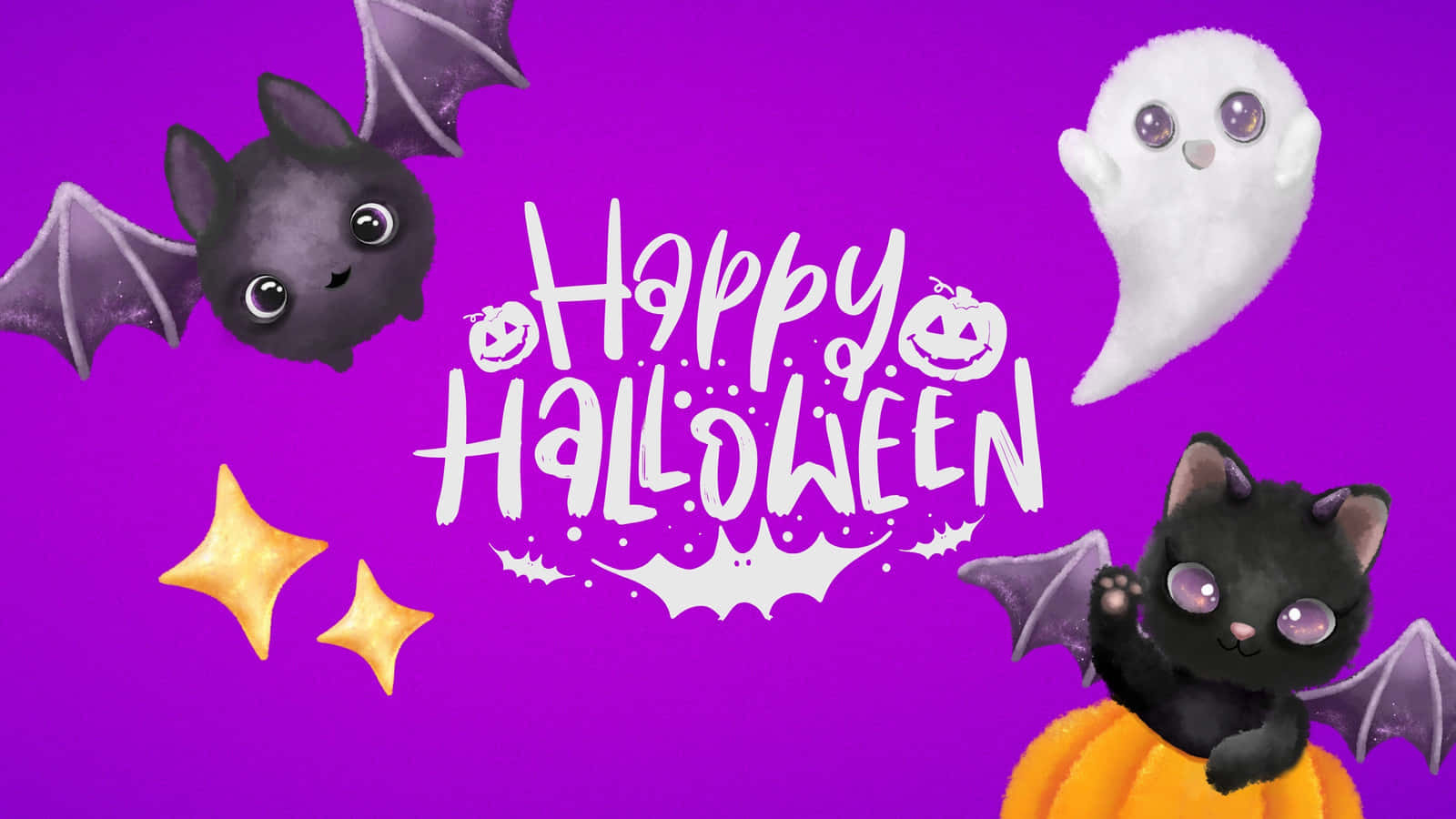 Purple Laptop 桌布 壁紙 — 可愛卡通蝙蝠、鬼魂和貓咪，帶有「Happy Halloween」文字，在鮮豔紫色背景上。