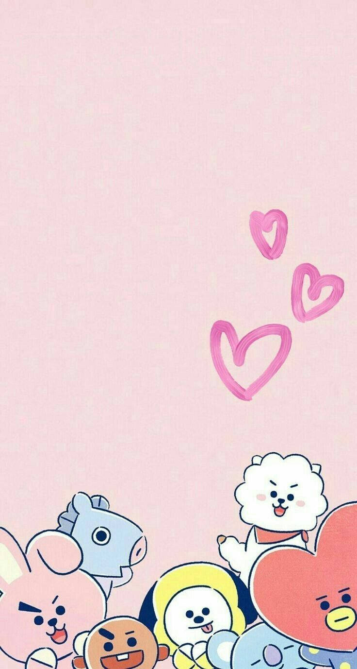 可愛卡通角色，心形漂浮在粉紅色背景上。 — BT21 GIF 壁紙