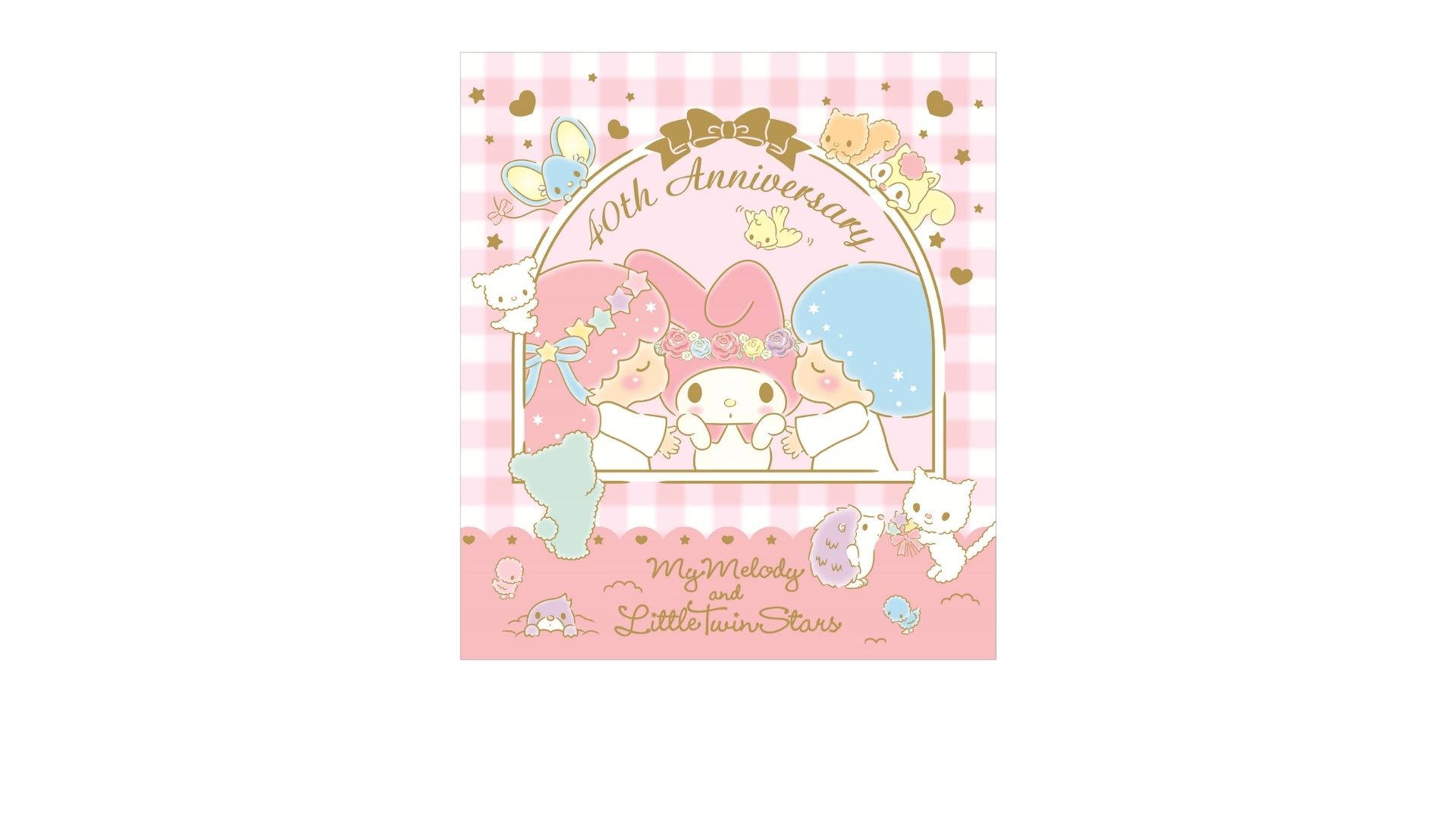 Twin 桌布 壁紙 — 可愛卡通角色My Melody和Little Twin Stars在粉紅色格子框架中與粉彩動物慶祝40週年。